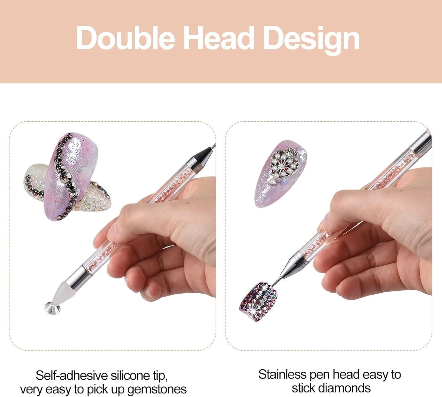 RAYWE 1PC Dual-Ended Nail Rhinestone Picker Silicone Tip Pencil Pick up Applicator Dual Tips Tip Dotting Pen Beads Gems Crystals Studs Picker with Acrylic Handle Manicure Nail Art Tool
