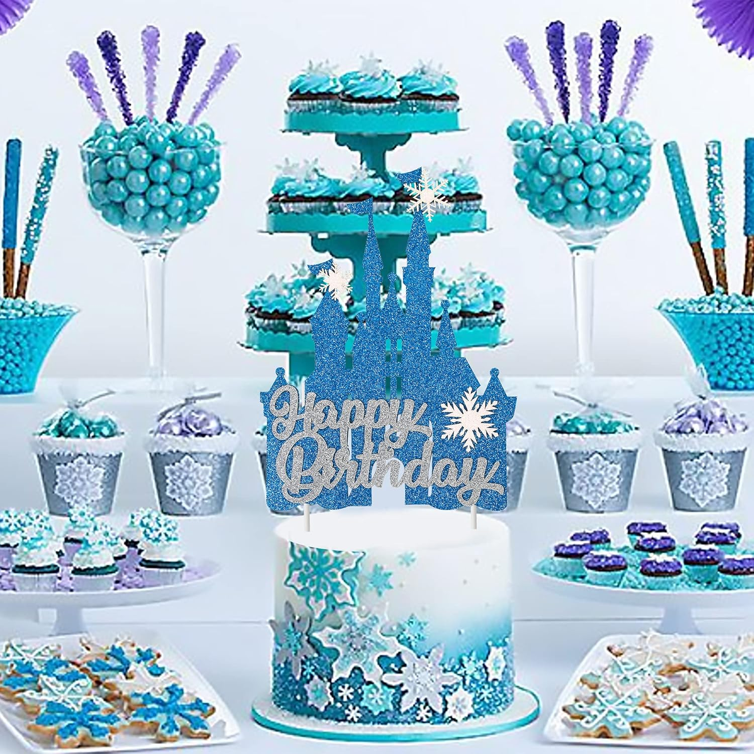 Frozen Castle Birthday Cake Topper Decoration Snowflake Frozen Theme Castle Cake Topper for Winter Wonderland Christmas Party Supplies image number 4