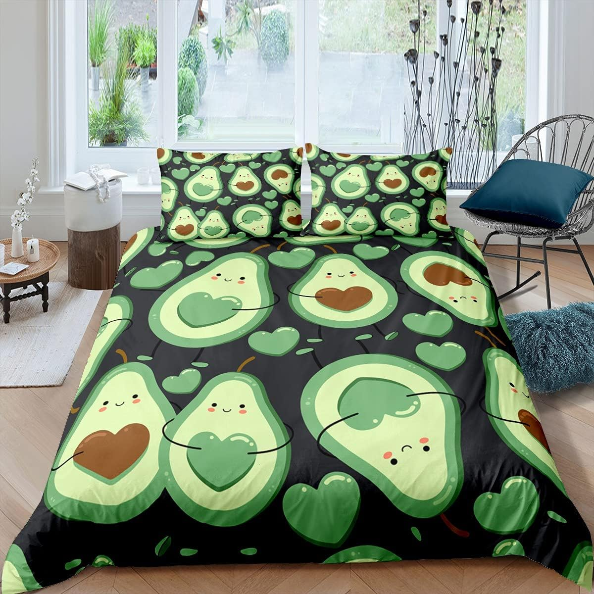 Homemissing Cartoon Avocado Duvet Cover Set, Sweet Tropical Fruits Bedding Set, 135 X 200 Cm, Couples Bed Set for Boys, Girls, Children, Teenagers, Love, Bedroom Decor, Green with 1 Pillowcase image number 6