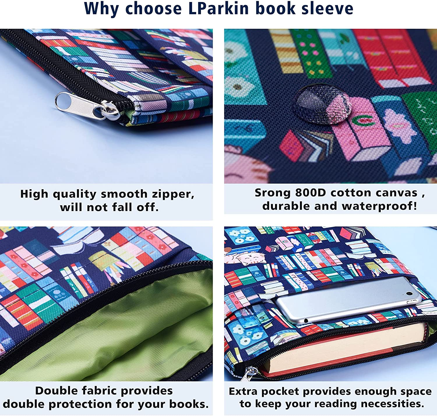 Cute Bookshelf Book Sleeve, Book Sleeves with Zipper, Book Protector Book Covers for Paperbacks, 11 X 8.5 Inch, Bibliophile Gifts image number 1