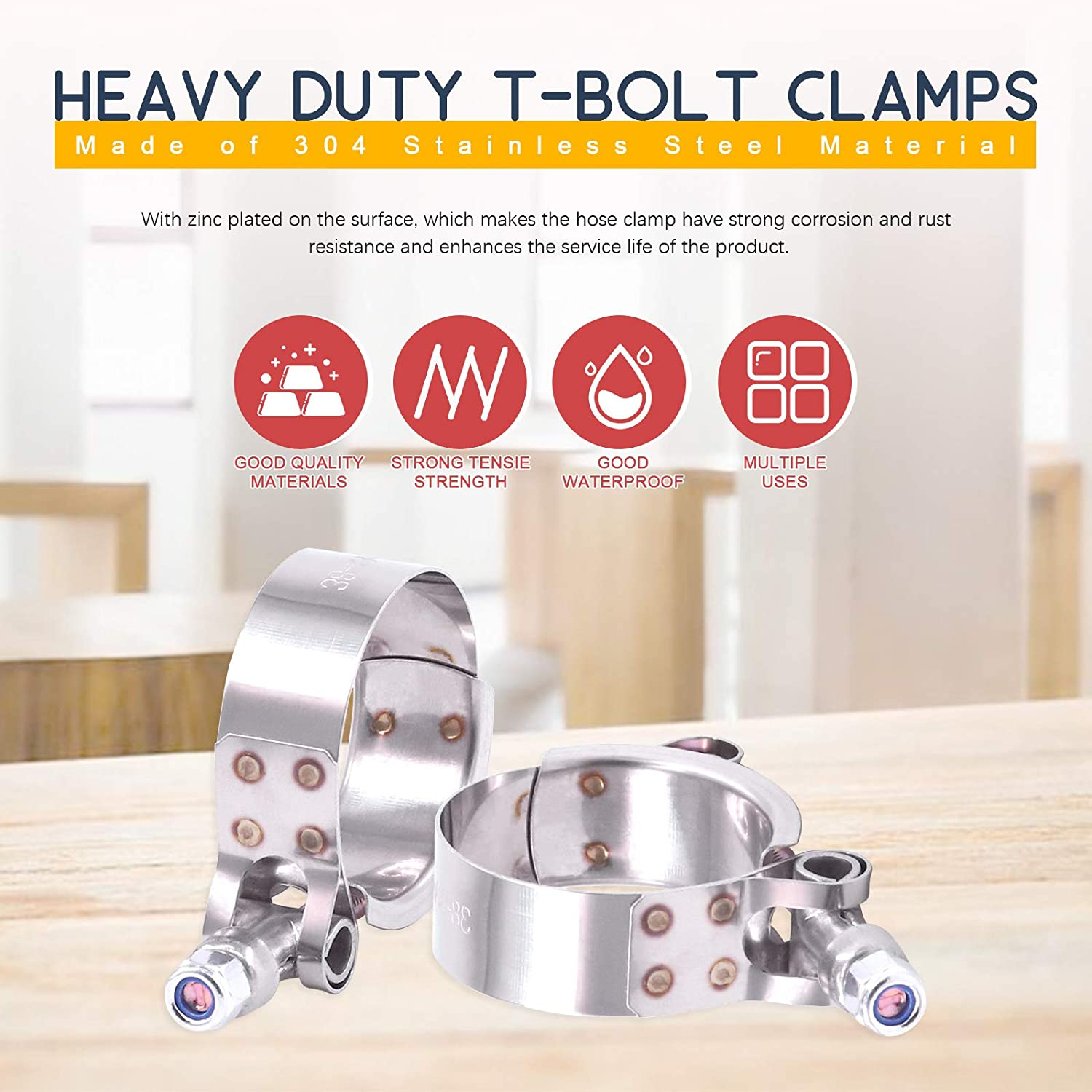 Hilitchi 8Pcs Stainless Steel T-Bolt Clamps with Rounded Band Edges Heavy Duty Turbo Intake Intercooler Clamp (38-43MM) for 1 3/16 Inch image number 2