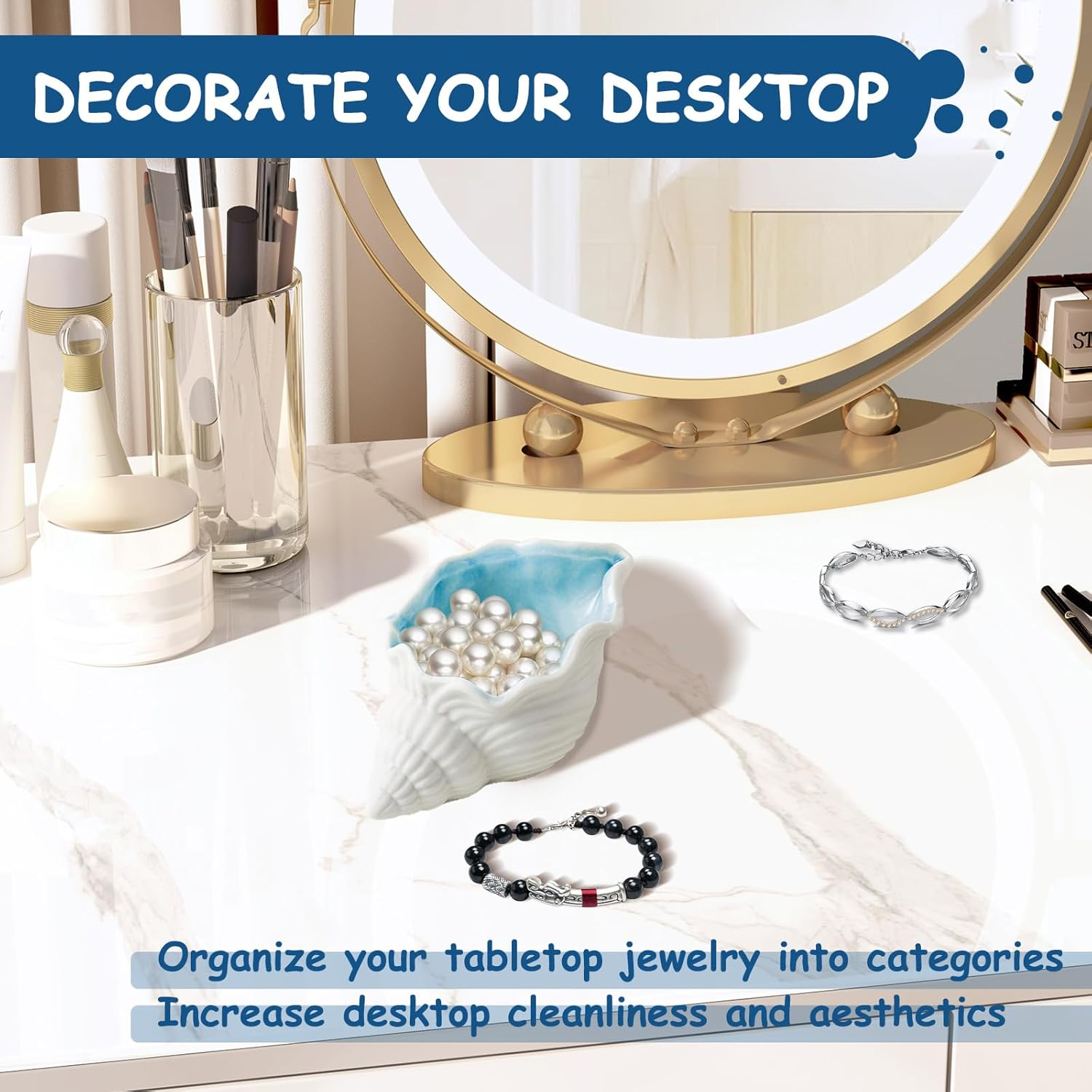 Yitexin Conch Shape Ceramic Jewelry Dish, Blue Sea Shell Trinket Tray, Ocean-Themed Decorative Ring Holder Dish, Women Jewelry Plate Tray for Earrings Necklaces Bracelet (Conch) image number 2