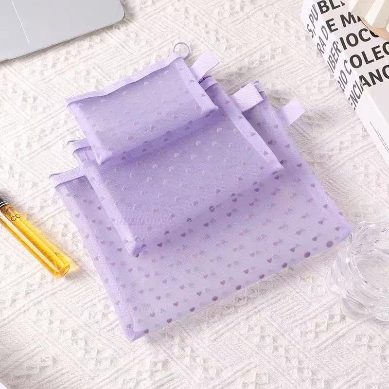 Clear Heart Pattern Makeup Bag Set, Travel Toiletry Storage Pouches with Zipper, Transparent Mesh Cosmetic Organiser (Pink) image number 3