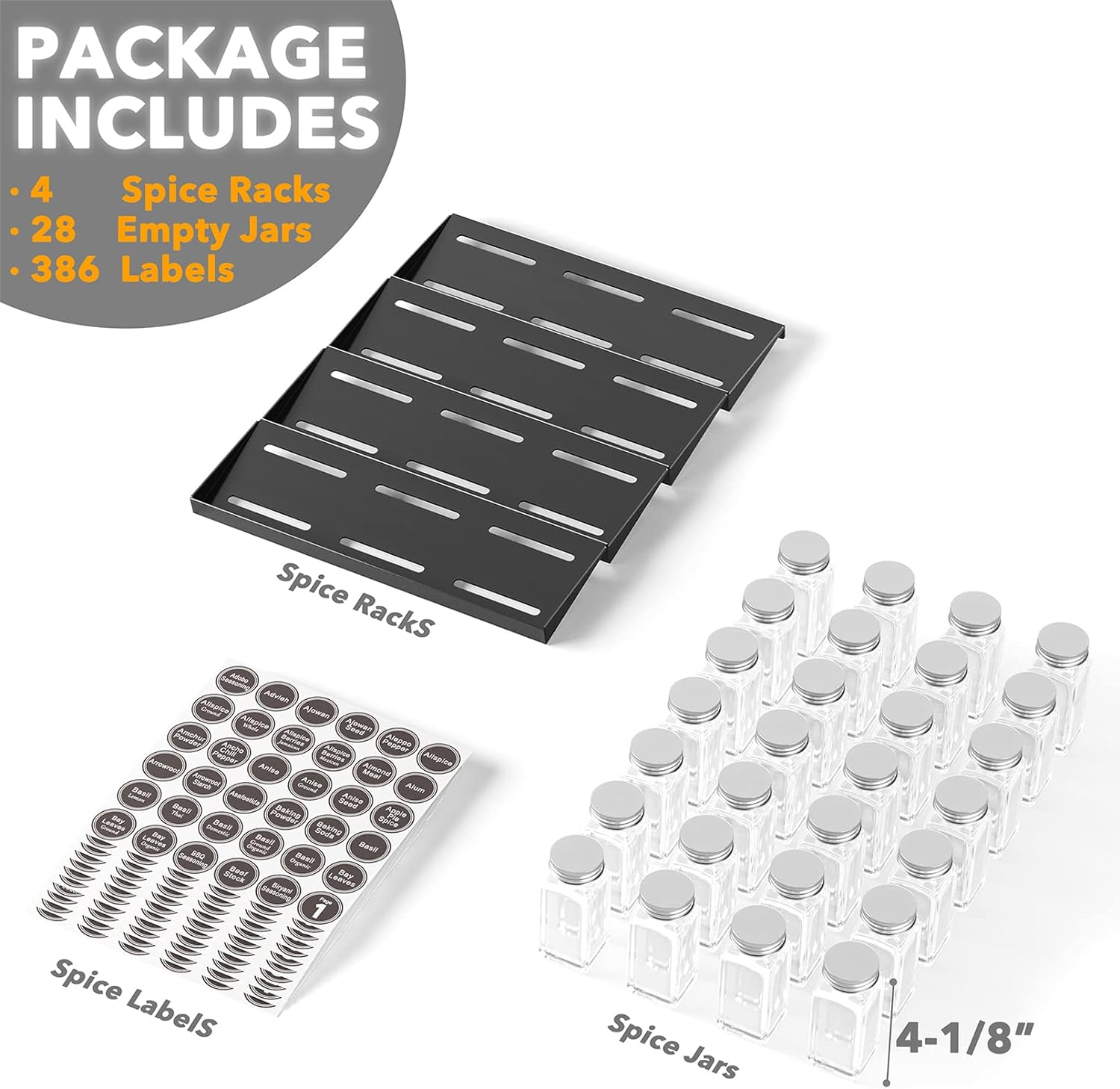 Spaceaid Spice Drawer Organizer with 28 Spice Jars, 386 Spice Labels, 4 Tier Seasoning Rack Tray Insert for Kitchen Drawers, 13" Wide X 17.5" Deep image number 2
