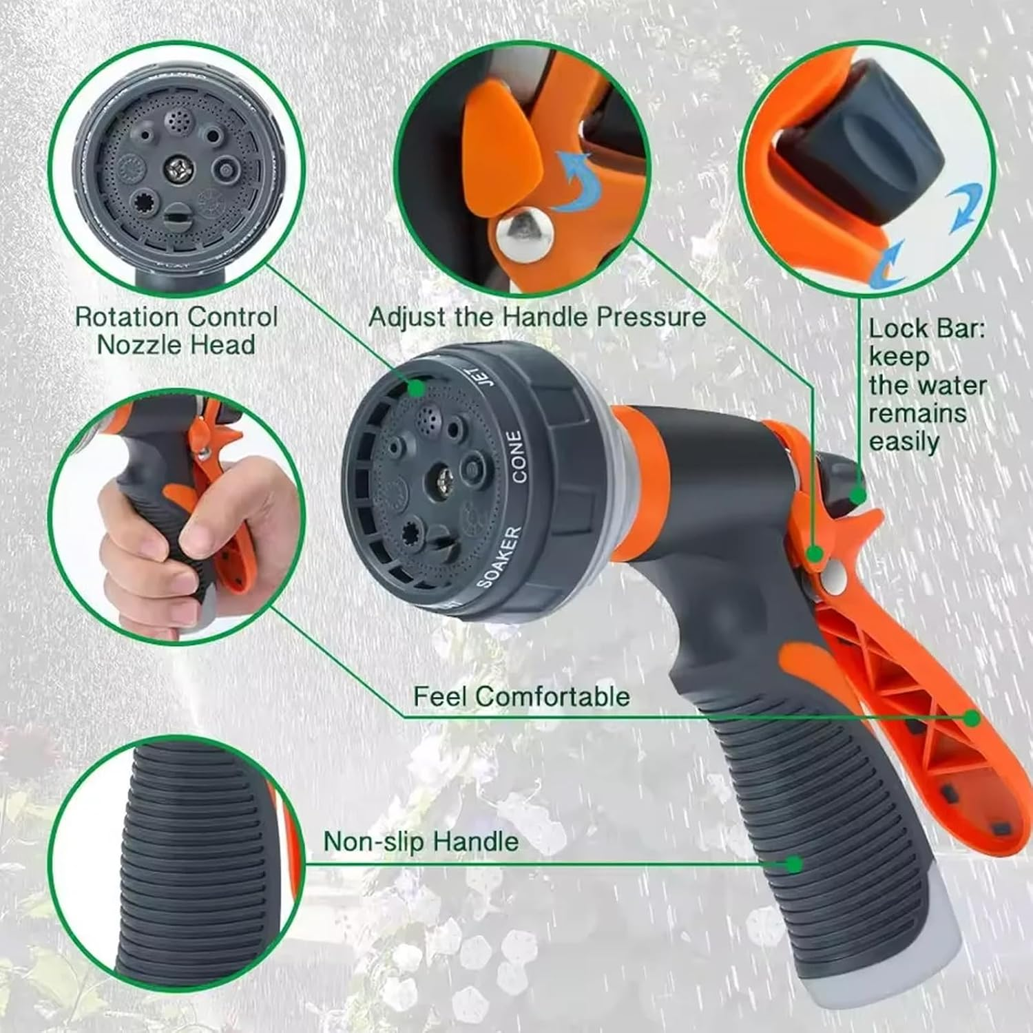 YUENTOEN Garden Hose Nozzle, Water Spray Nozzle with 8 Adjustable Watering Patterns, Garden Hose Nozzles & Spray Guns, Hose Nozzle Suitable for Washing Car, Watering Plants, Washing Pets and Home Use image number 6