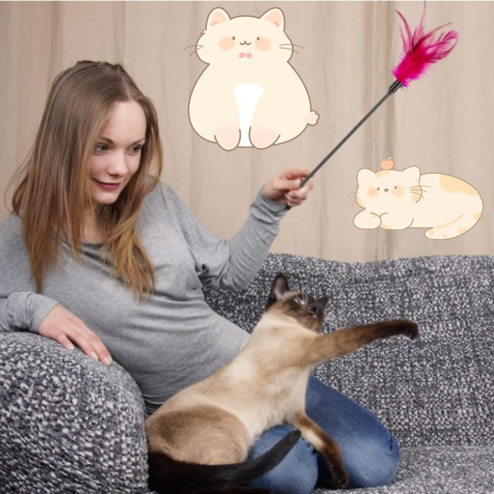 DACUAN 8 PCS Cat Wand Toys Interactive Cat Teaser Wand Feather Cat Toys with Feathers with Stick Cat Feather Toy Teaser Wand with Loud Bell 16 Inch 4 Colors