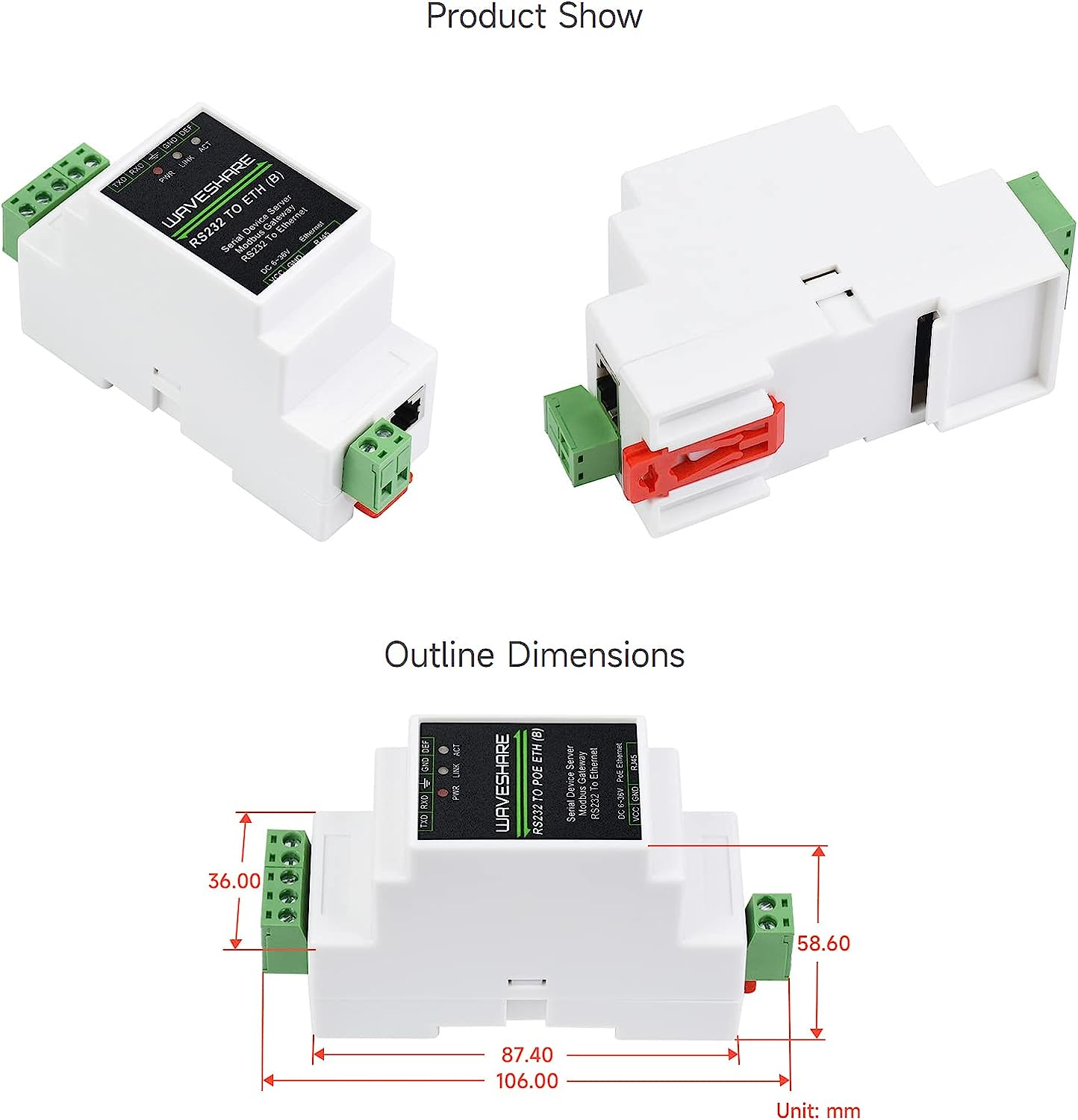 Waveshare Industrial Serial Server, RS232 to RJ45 Ethernet, TCP/IP to Serial, Rail-Mount Support, with POE Function image number 3