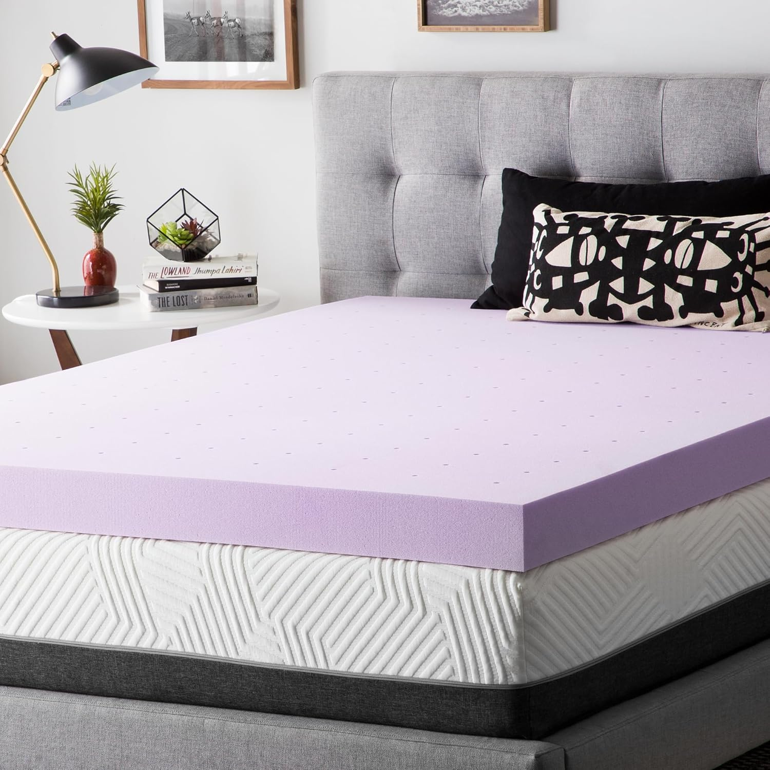 LUCID 4 Inch Lavender Infused Memory Foam Mattress Topper - Ventilated Design - Queen Size image number 5