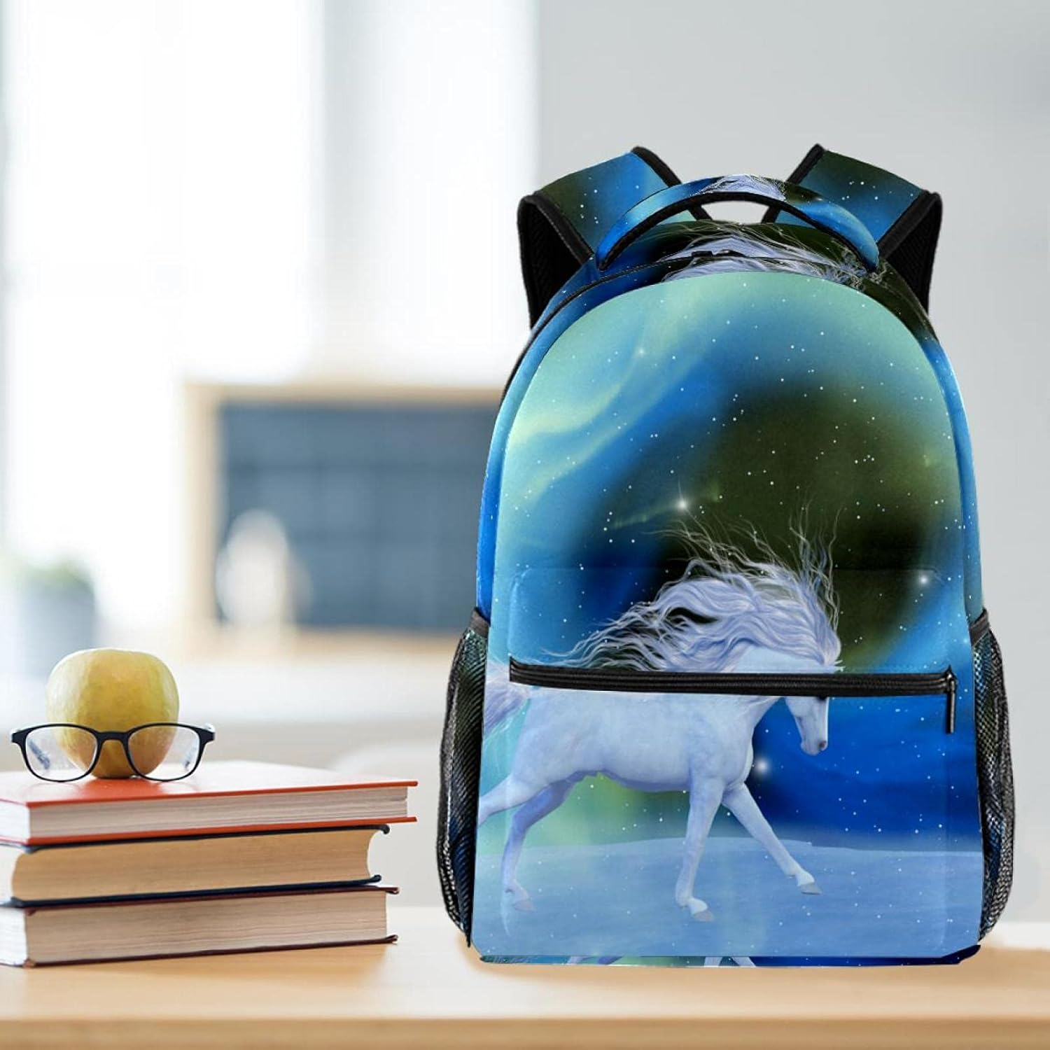 A White Magical Unicorn Flying through the Universe Backpack Students Shoulder Bags Travel Bag College School Tote Backpacks image number 3