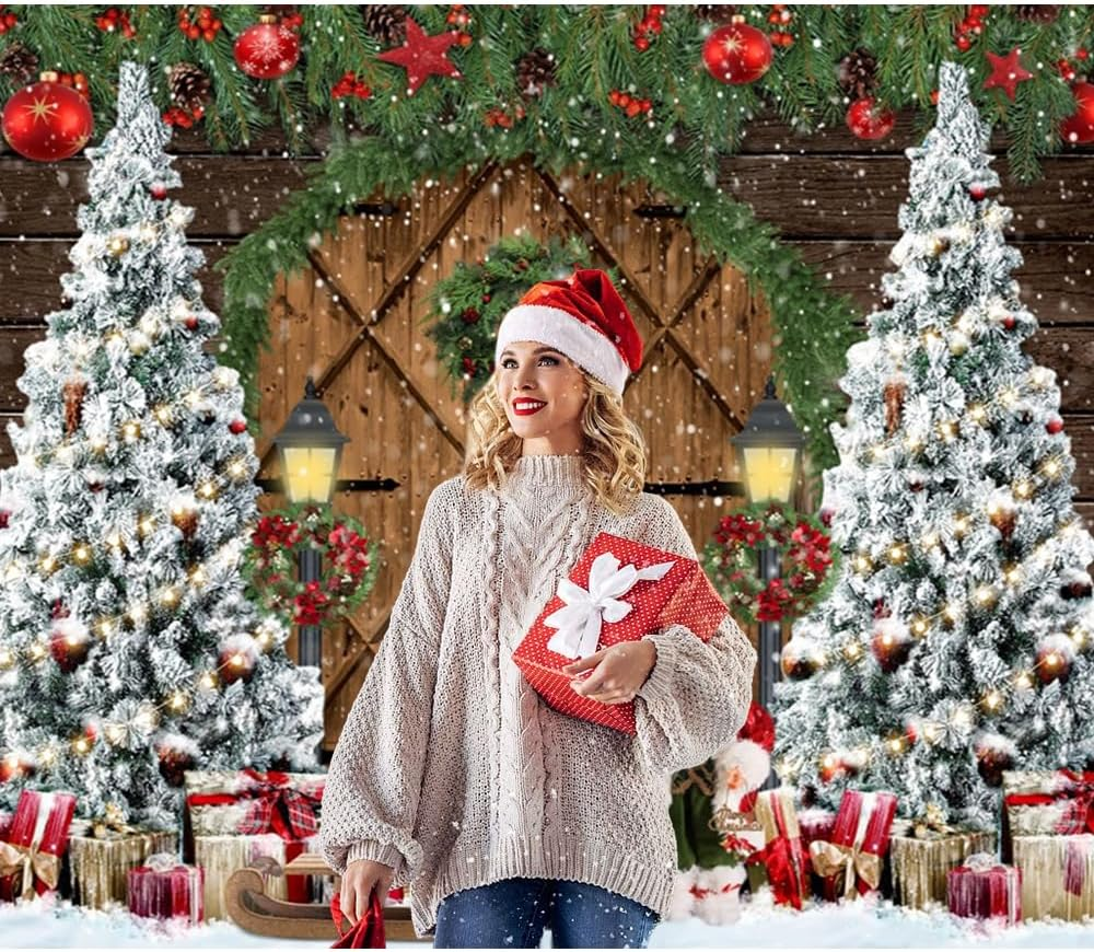 Christmas Backdrop 10X10Ft Wood Barn Winter Christmas Photo Backdrop for Photography Wooden Door Christmas Tree Gifts Snowy Background Kids Adult Family Christmas Eve Party Decoration Props