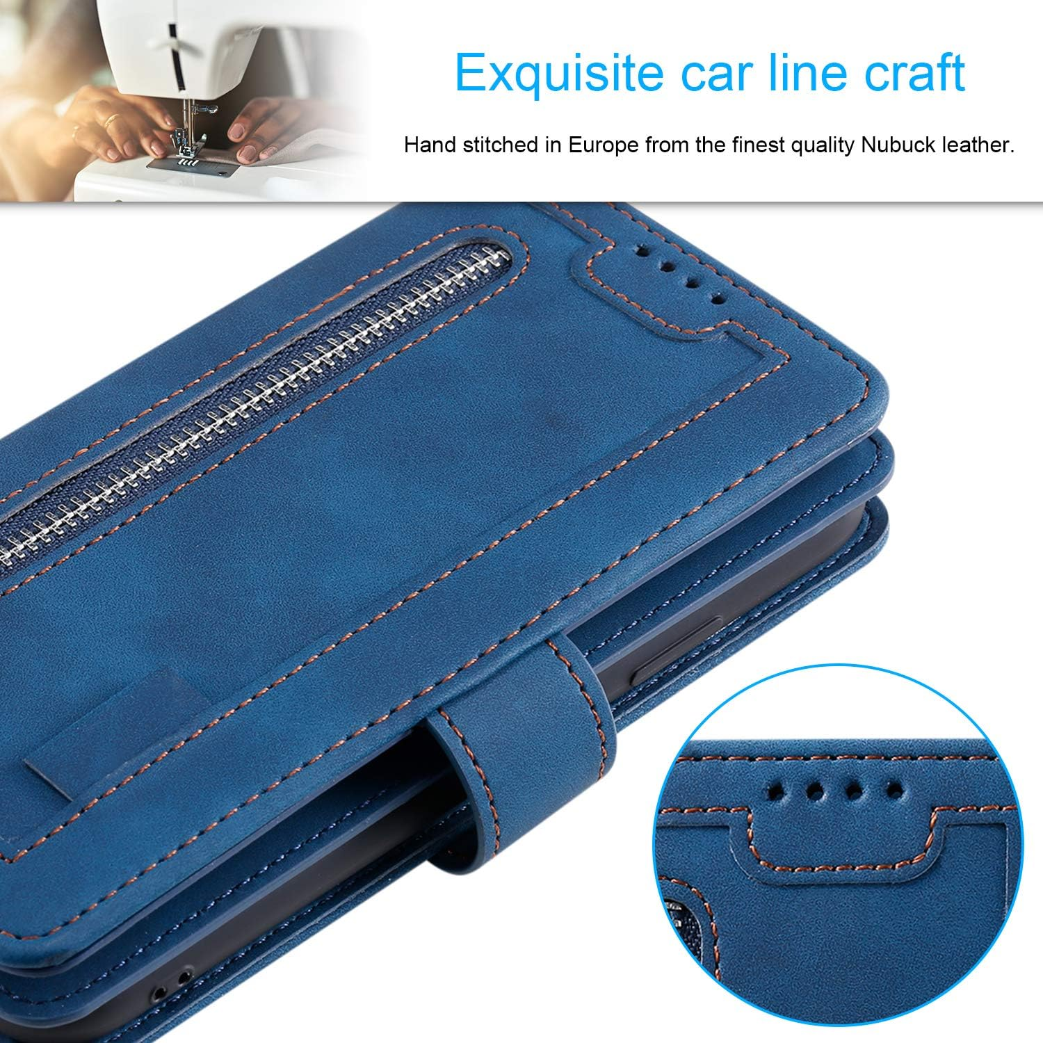 UEEBAI Wallet Case for Iphone 13, Retro 9 Card Holder Slots Zipper Pocket Handbag Case PU Leather Magnetic Closure Kickstand with Wrist Strap TPU Shockproof Flip Case - Blue image number 7