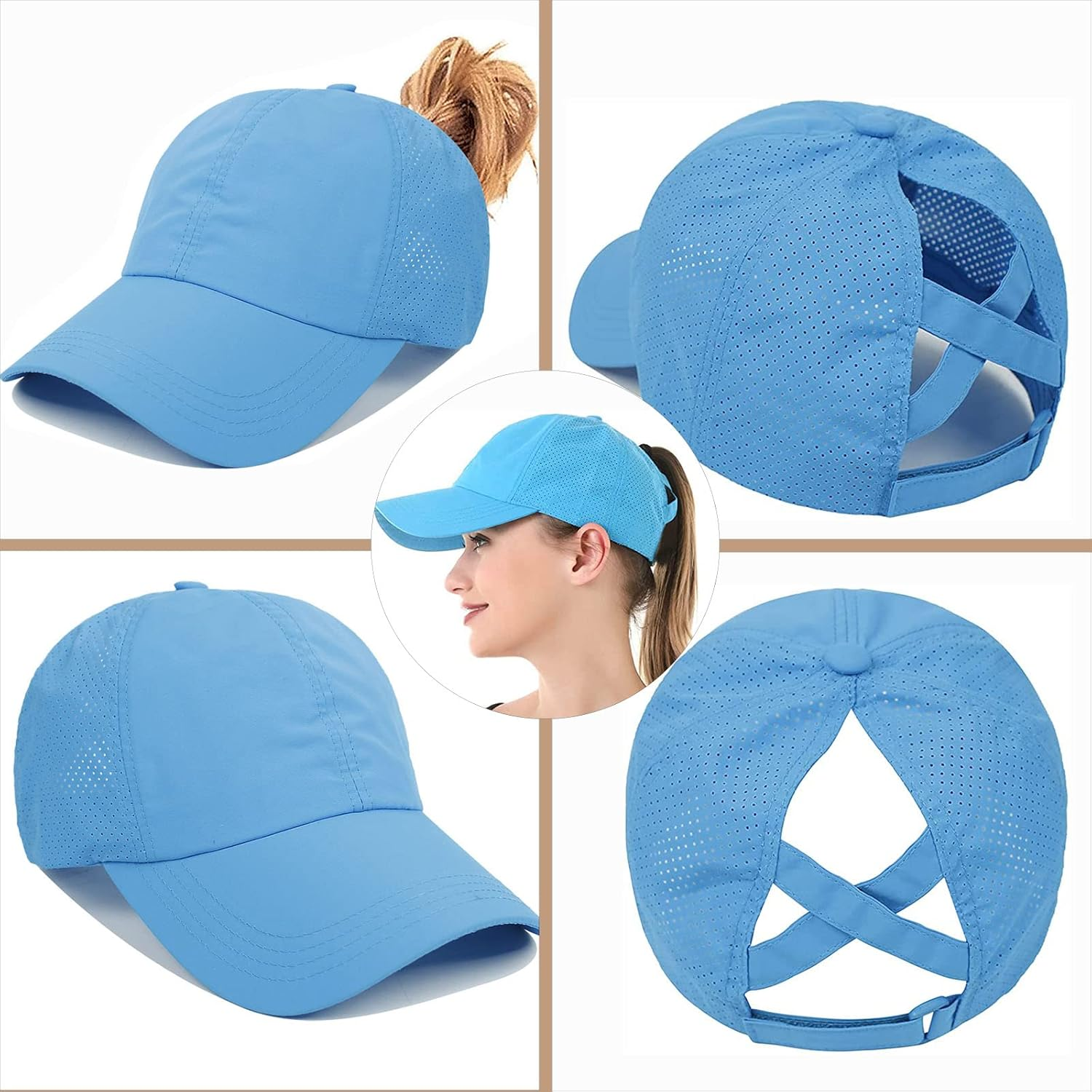 Womens Ponytail Hat Baseball Cap, Adjustable Criss Cross Baseball Cap High Bun Unisex Quick Drying Trucker Hats image number 6