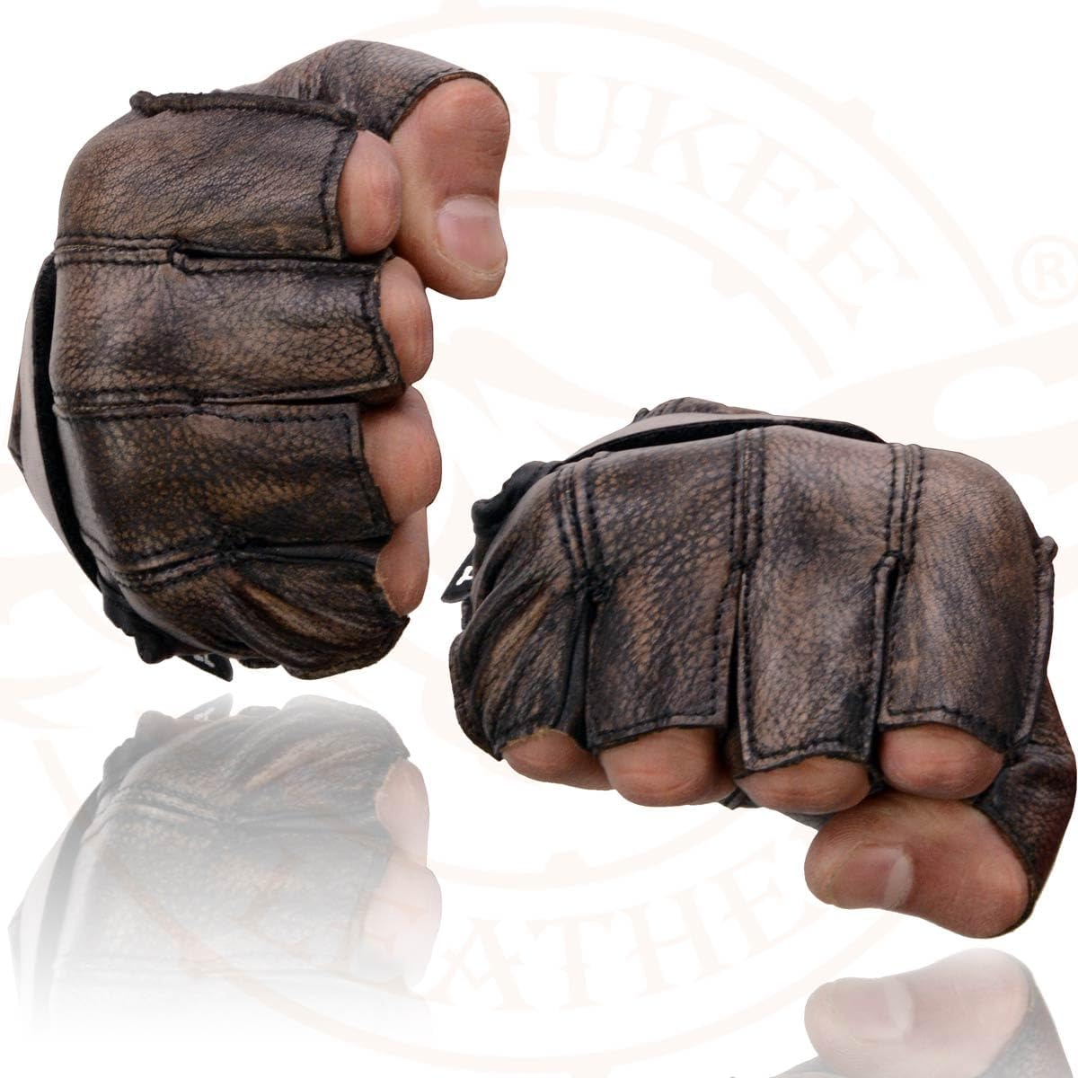 Men'S Distressed Brown Fingerless Gloves W/ Gel Palm
