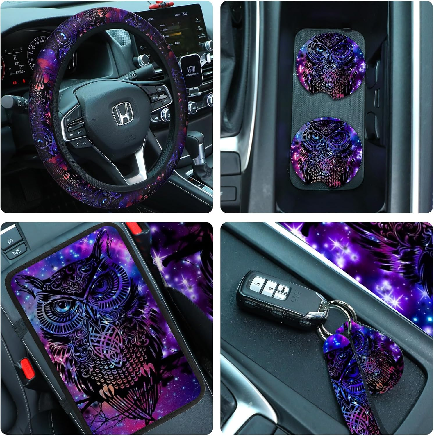 Riakrum 15 Pcs Purple Colorful Owl Car Seat Covers Full Set Space Cats Car Covers for Front Rear Seat Steering Wheel Wrist Strap Armrest Pad Shoulder Pads