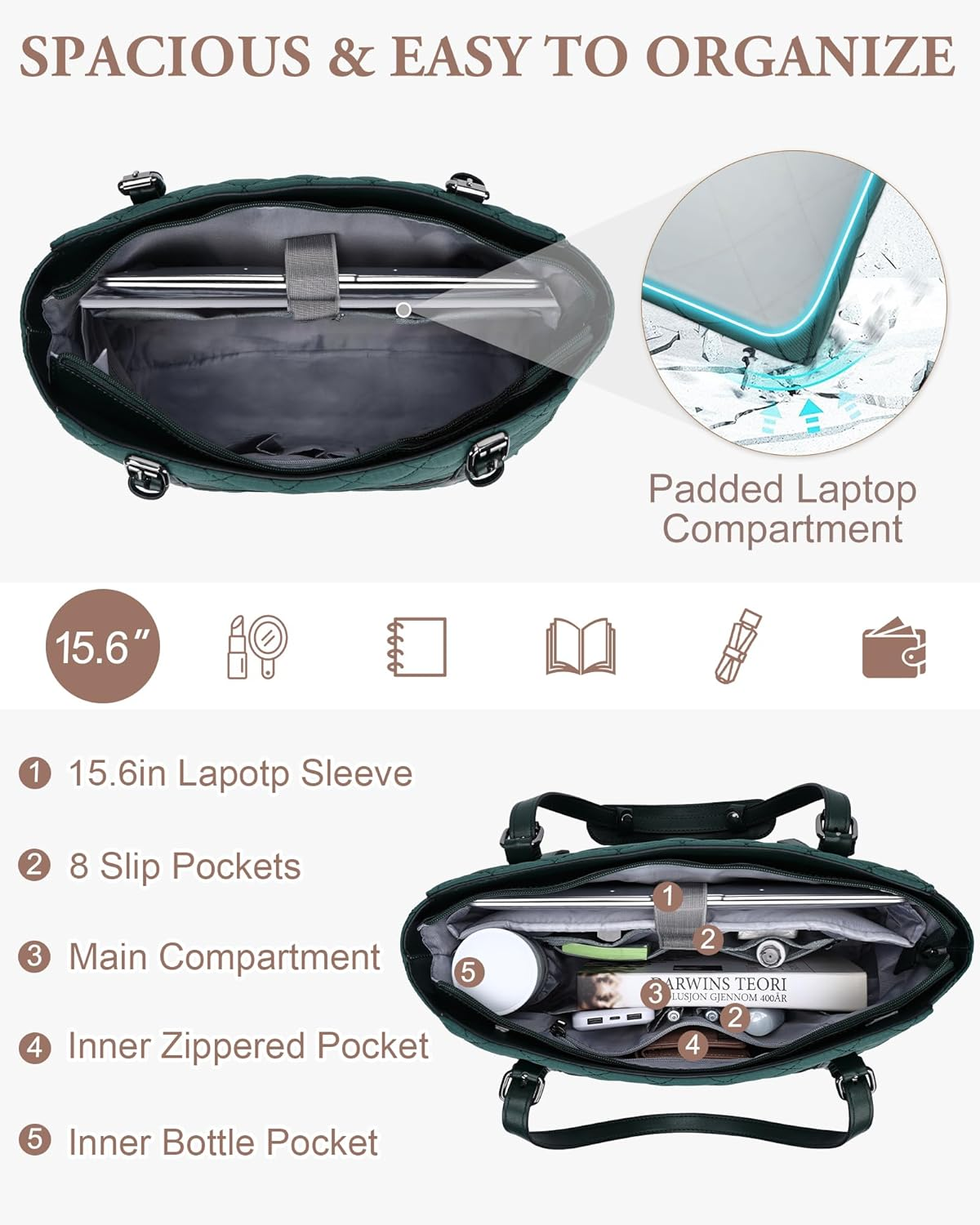 Quilted Laptop Bag for Women,Vaschy Puffer Work Tote Bag Office Briefcase Handbag Shoulder Bag for Business,Travel,College, Fits 15.6In Laptop - Green image number 2