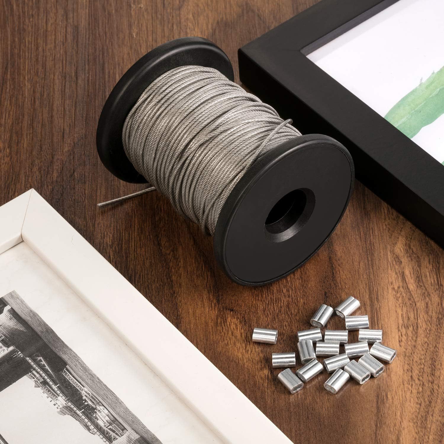 Chengu Vinyl Coated Picture Frame Hanging Wire, Stainless Steel Wire Spool with 20 Pieces Aluminum Crimping Loop Sleeve, Supports up to 110 Lbs (1.5 Mm X 164 Feet) image number 2