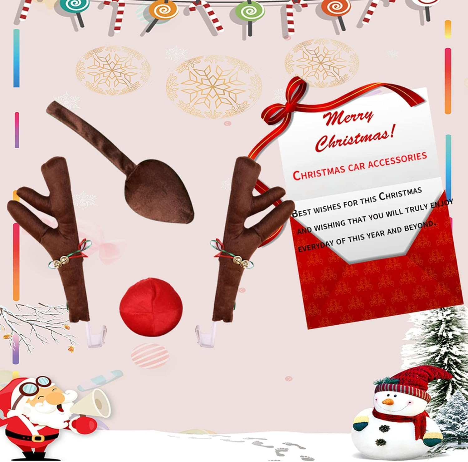 Car Reindeer Decorations with Car Jingle Bell Antlers Antlers, Nose, and Tail for the Trunk