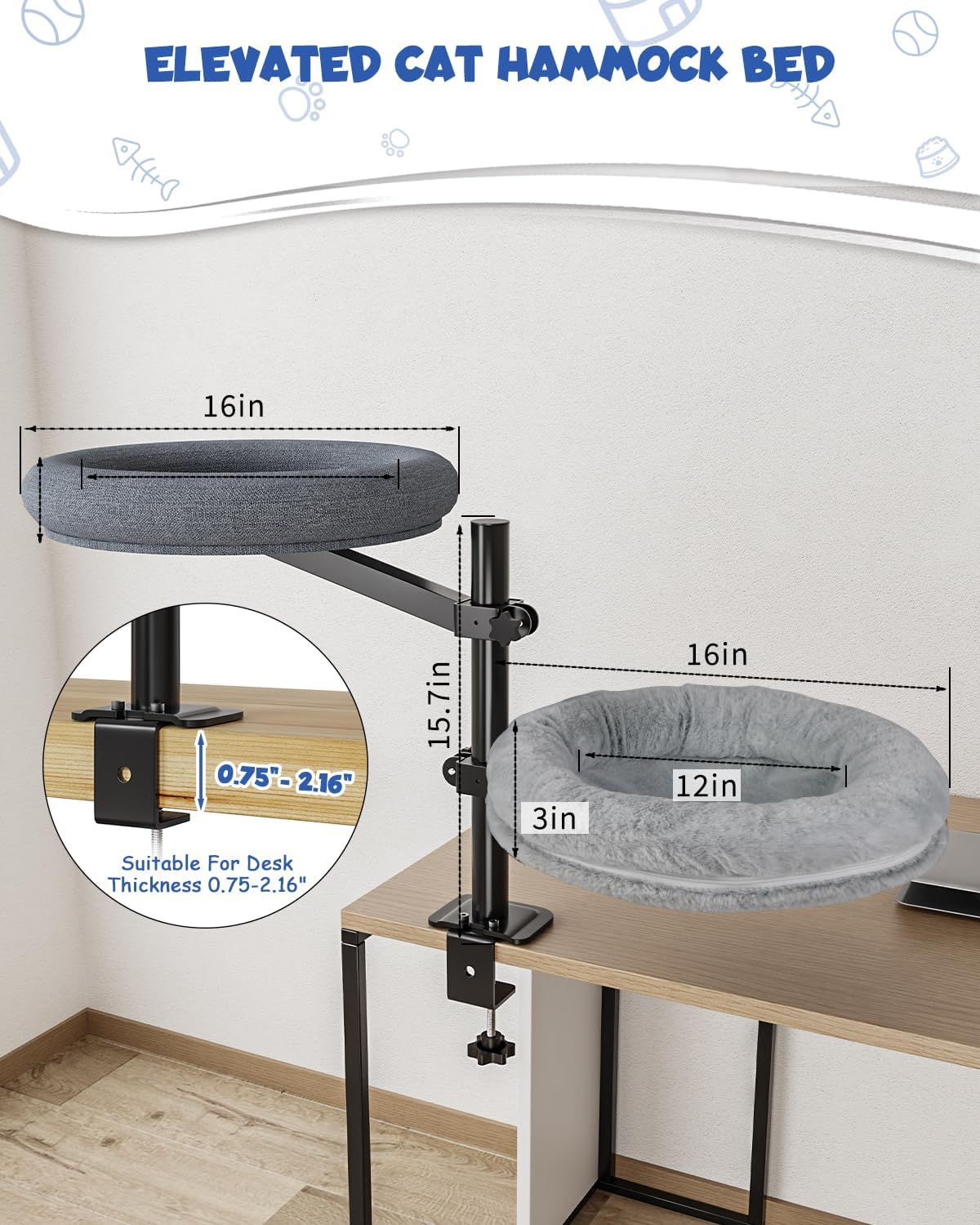 Double Cat Desk Bed, 360&deg; Rotating Elevated Desk Cat Bed, Adjustable Raised Desk Kitten Bed up to 80 LBS, Washable Soft Fabric Pet Desks Nest Beds, Cat Hammock Wall Mounted for Office and Game Tables image number 4