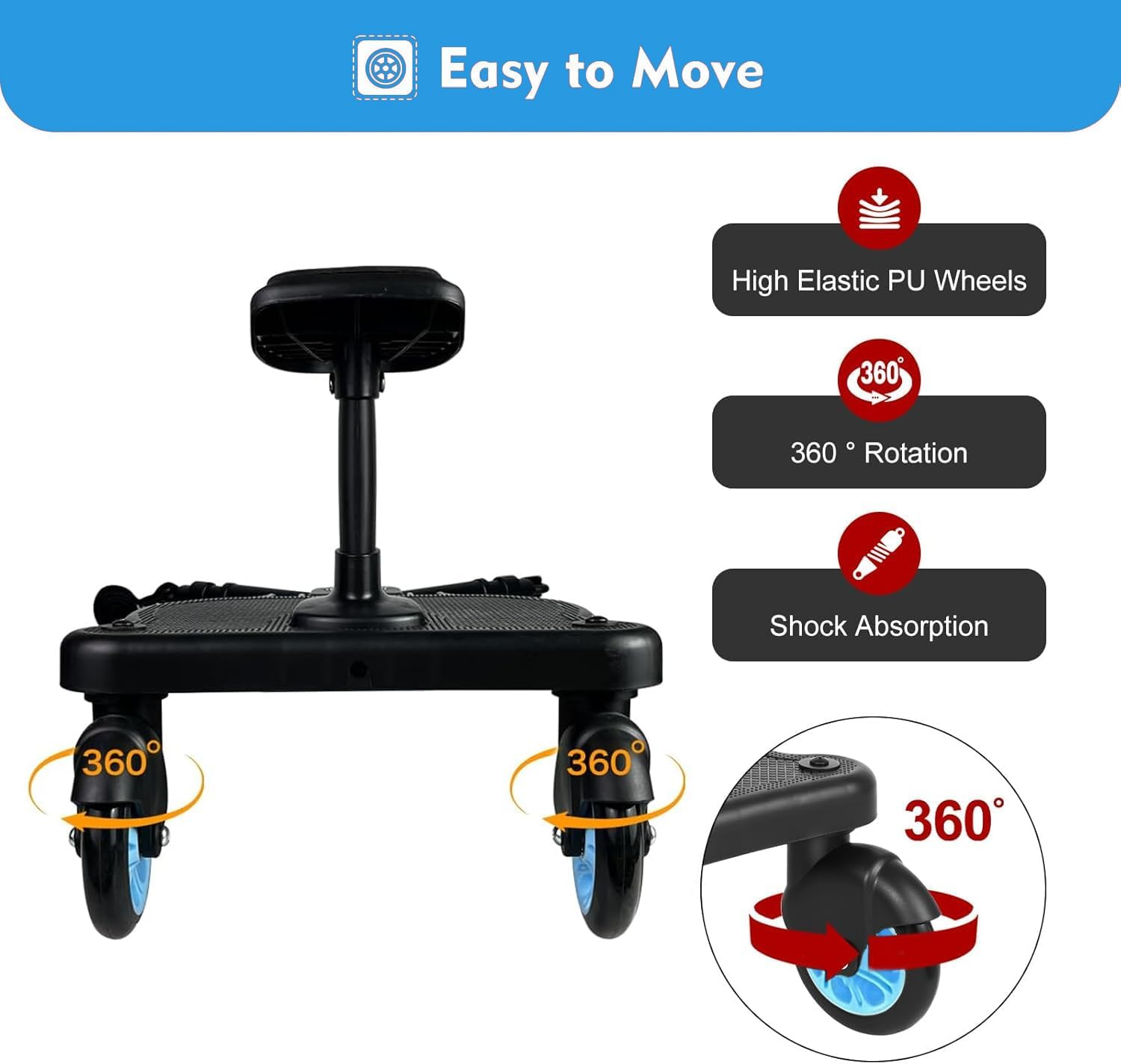 Universal Stroller Boarduniversal Stroller Board 2 in 1 Sit and Stand Stroller Board with Detachable Seat Stroller Attachment Buggy Board for 99% of Strollers Holds Children up to 55Lbs, Blue image number 4