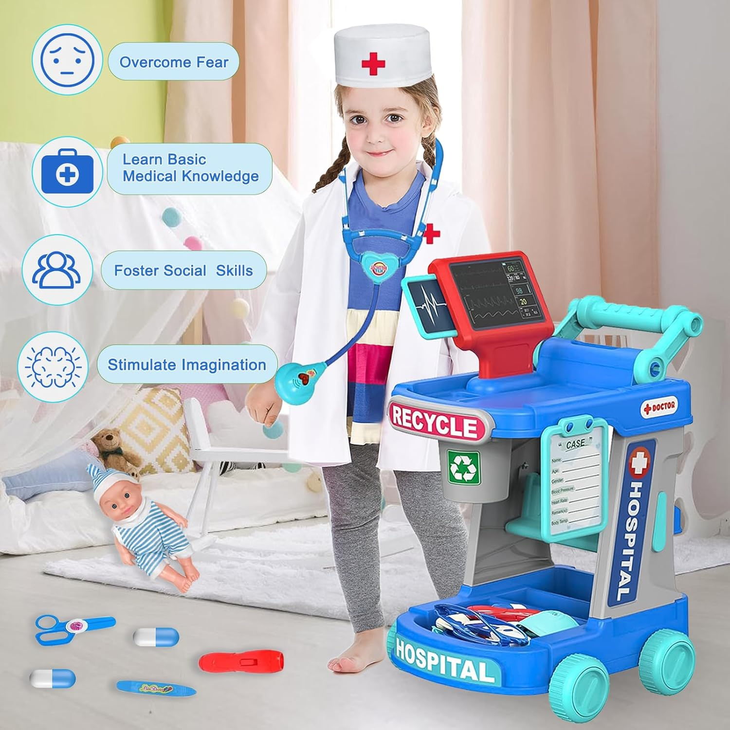 Doctor Play Sets for Kids with Medical Rolling Cart,Doctor Costume Stethoscope and Doll,Role Play Medical Toy for Kids Aged 3 4 5 image number 2