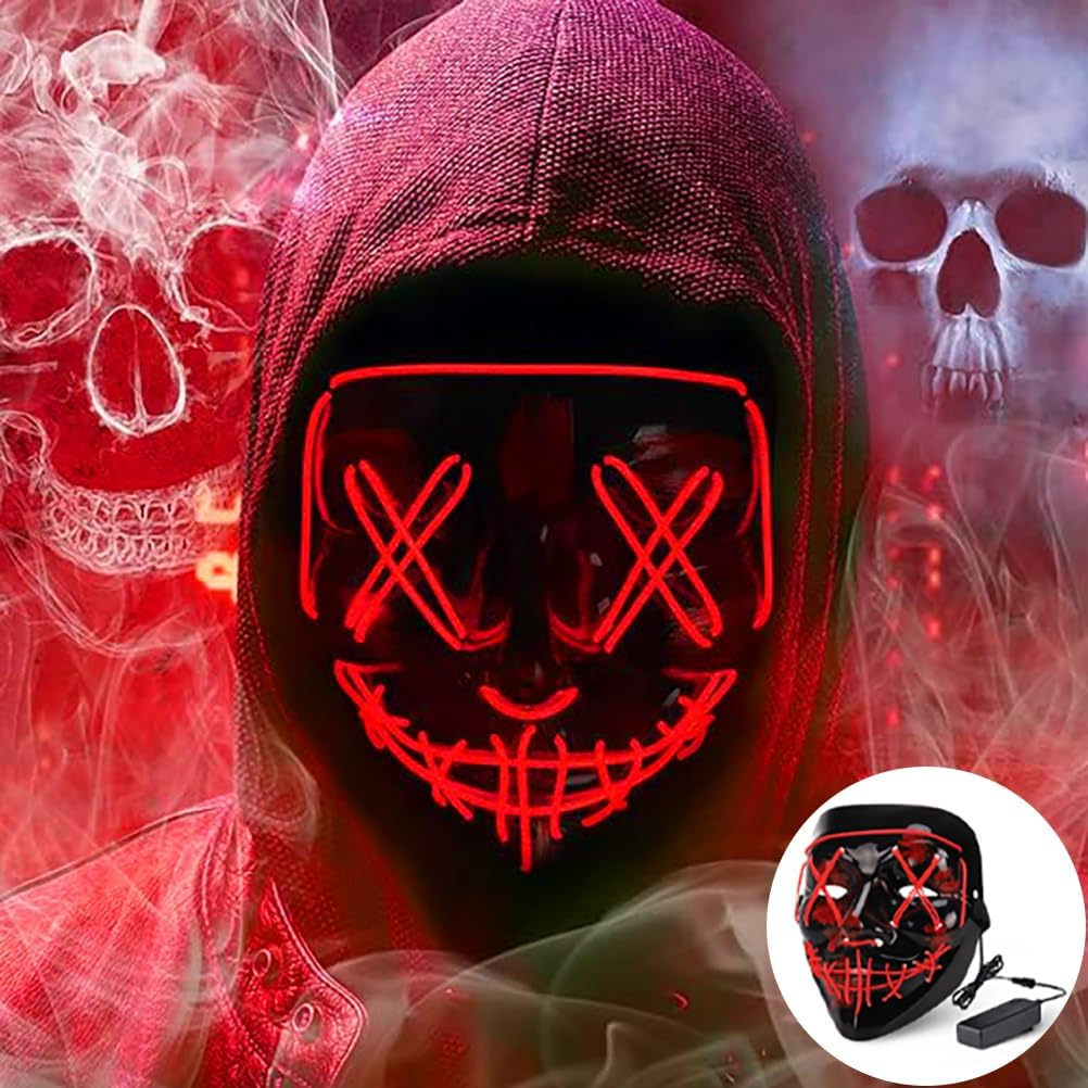 Halloween Mask LED Light up Mask Scary Grimace Mask for Halloween Festival Party Cosplay Costume Masquerade Carnival Light up Face Mask for Men Women Kids image number 6