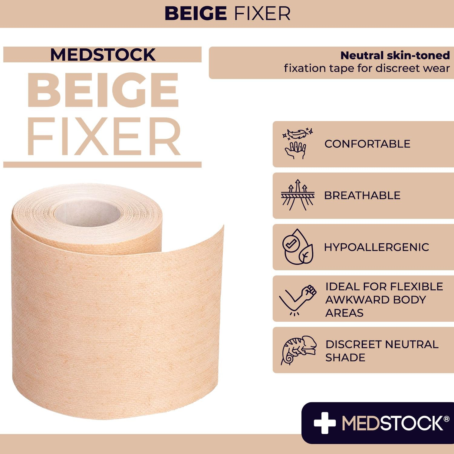 MEDSTOCK Non-Woven Fabric, Beige Fixer Roll, 5CM X 10M, 1 Roll, Wound Care, Adhesive Dressing Tape, Medical Device Securer, Flexible and Soft, Stable and Dependable, Increases Patient Comfort image number 1