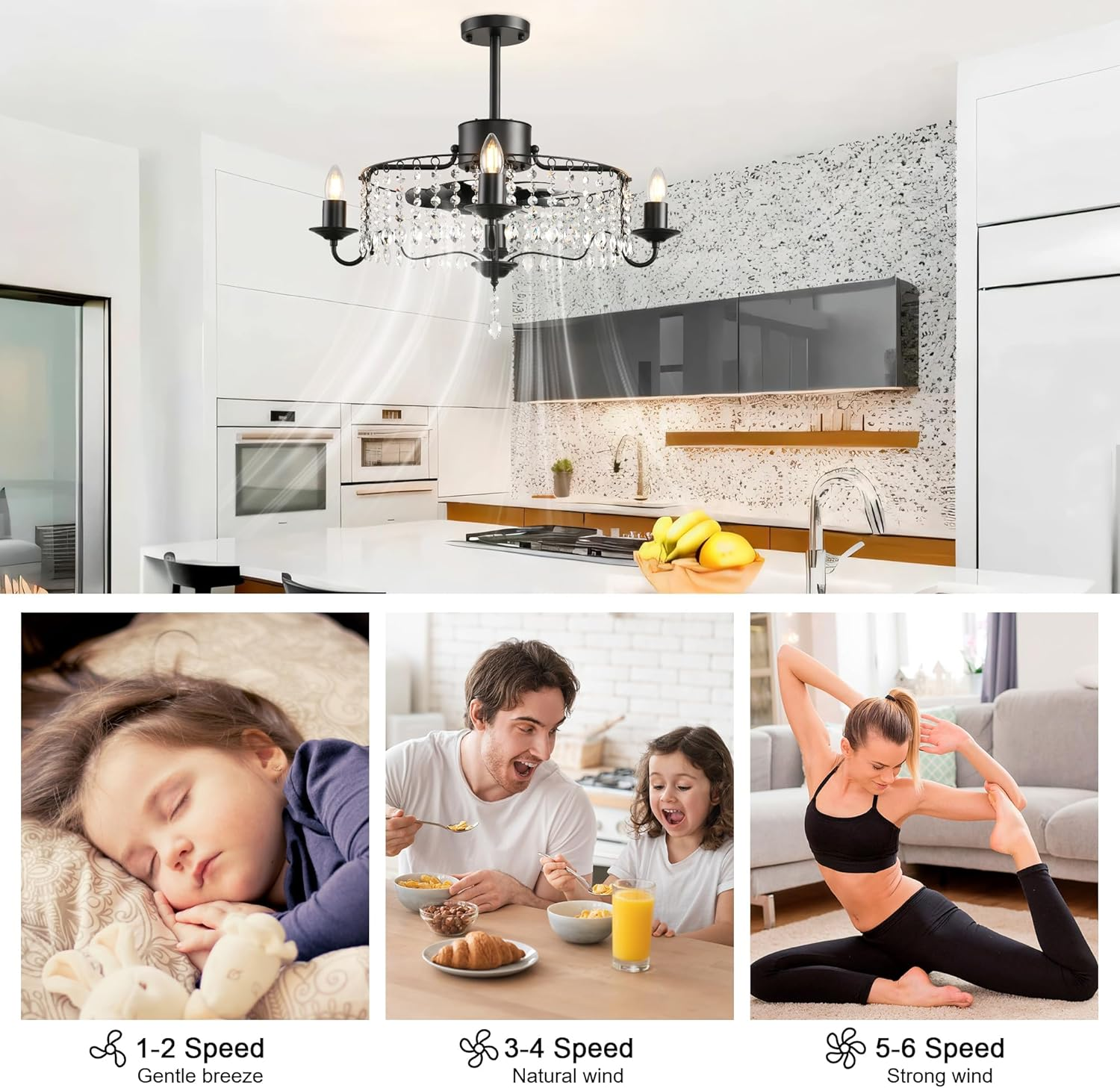 Jaycomey 19.6In Crystals Ceiling Fan with Lights, Bladeless Black Fandelier Ceiling Fan with Remote, Industrial Flush Mount Ceiling Fan Lights Ceiling Fixtures for Kitchen Bedroom (6 Speed, Timing) - Blackcrystal/19.6Inch/Round/Cage image number 4