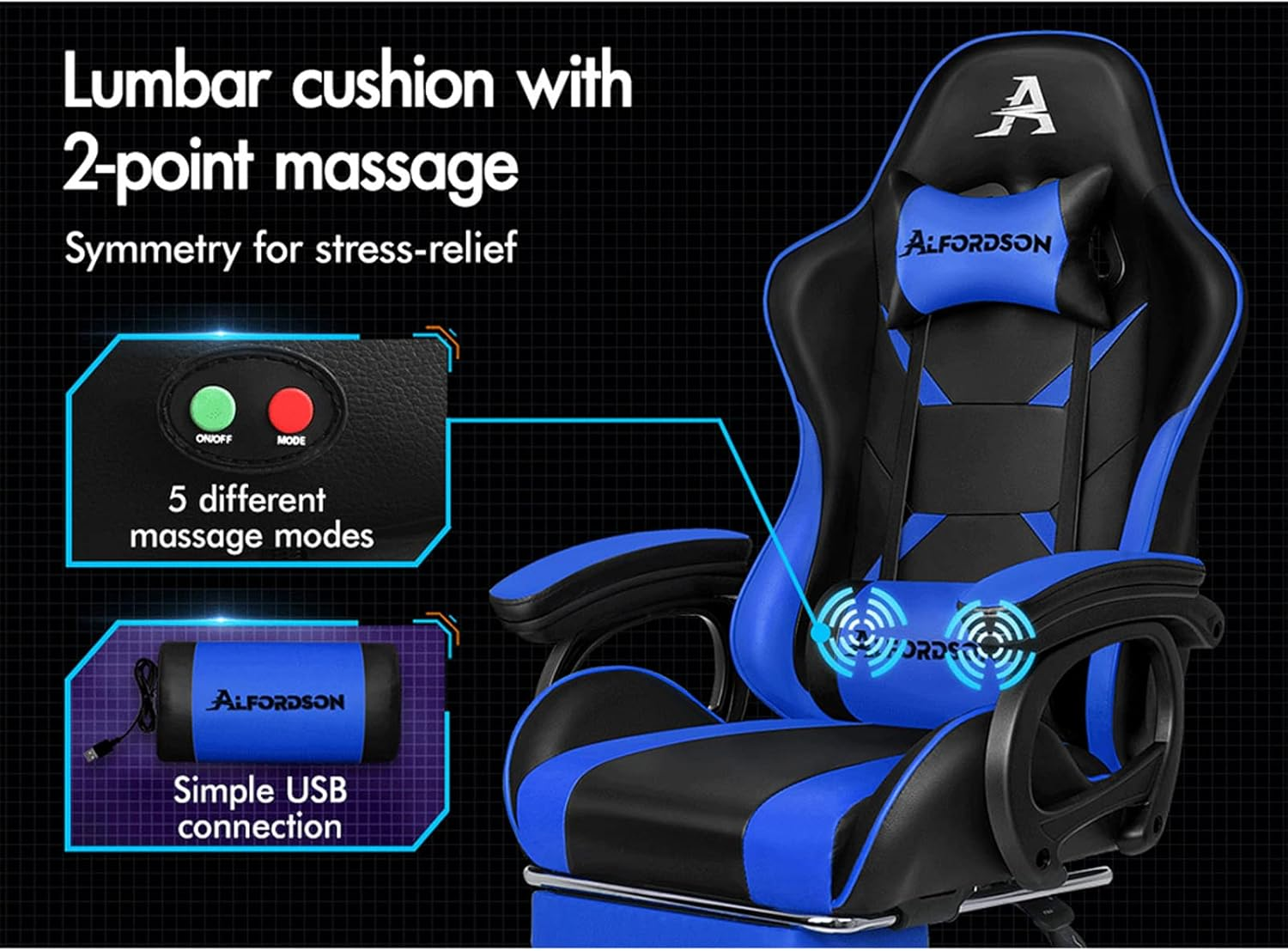 ALFORDSON Gaming Chair with Massage and 150&deg; Recline, Ergonomic Executive Office Chair PU Leather with Footrest, Adjustable Height Racing Chair with SGS Listed Gas Lift, Max 180Kg(Blue) image number 6