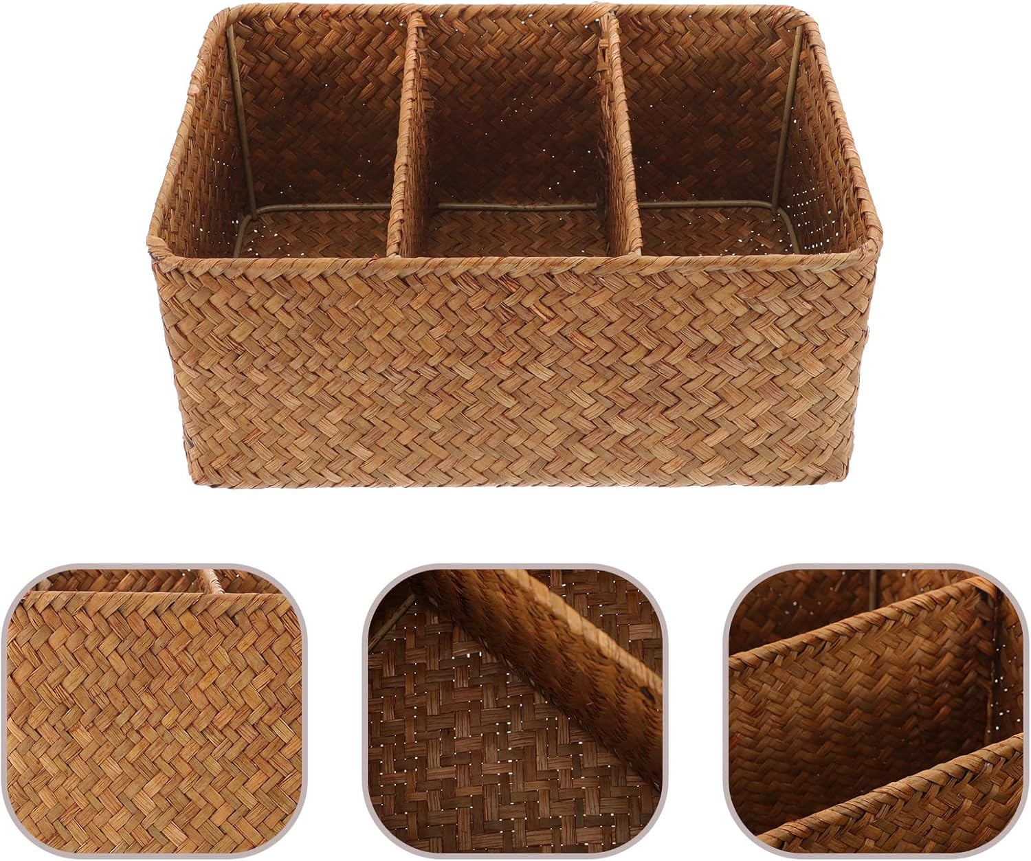 ULTECHNOVO Seagrass 3-Compartment Storage Basket with Dividers, Hand-Woven Long Organizer Basket for Bathroom and Kitchen Counter, 28.5&times;18.5&times;13Cm High Storage Bin image number 5
