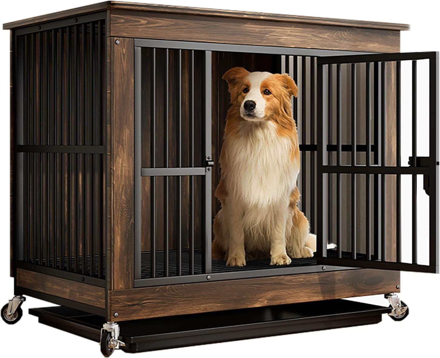 Heavy Duty Dog Crate Furniture, Dog Kennel with Locks and Trays, Chew-Proof Dog Cage for Small Medium Breeds with Wheels and Built-In Top Storage Function, for Living Rooms, Bedrooms, Farmhouses image number 4
