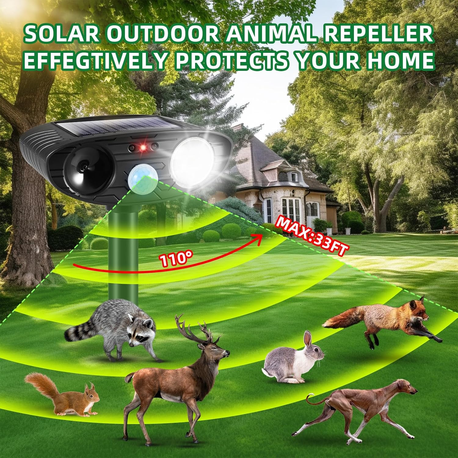 2024 Ultrasonic Animal Repellent Outdoor Solar Animal Repeller with Motion Sensor&Led Strobe Light Cat Deterrent Outdoor Deer Repellent Device to Scare Squirrel Raccoon Skunk Repellent for Yard(Black)