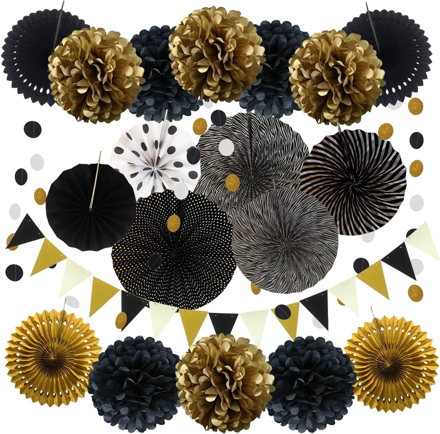 Party Decoration, 21 Pcs Black and Gold Hanging Paper Fans, Pom Poms Flowers, Garlands String Polka Dot and Triangle Bunting Flags for Birthday Parties Wedding D&eacute;cor, Table & Wall Decorations image number 4