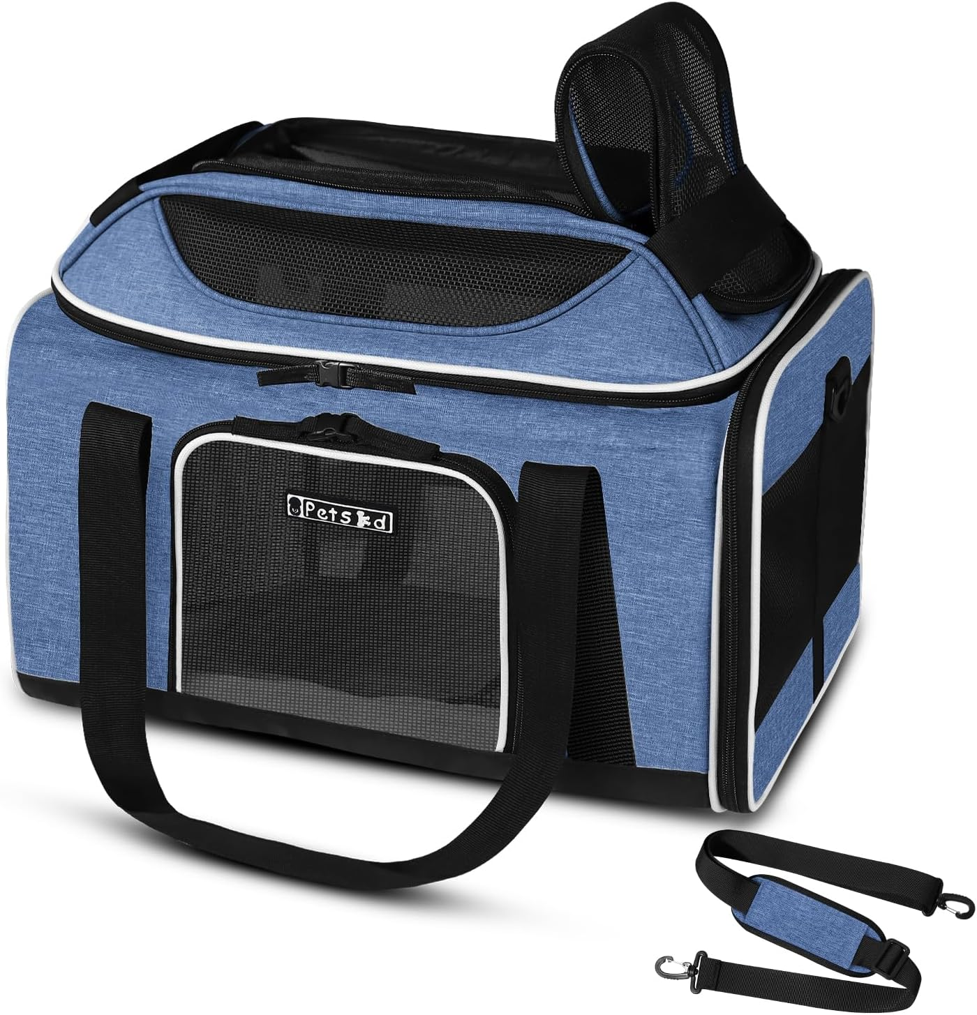 Petskd Top-Expandable Pet Carrier 17X12X8.5 Inches Jetblue Allegiant Spirit Airline Approved, Soft-Sided Carrier for Small Cats and Dogs with Locking Safety Zippers and Anti-Scratch Mesh(Blue)