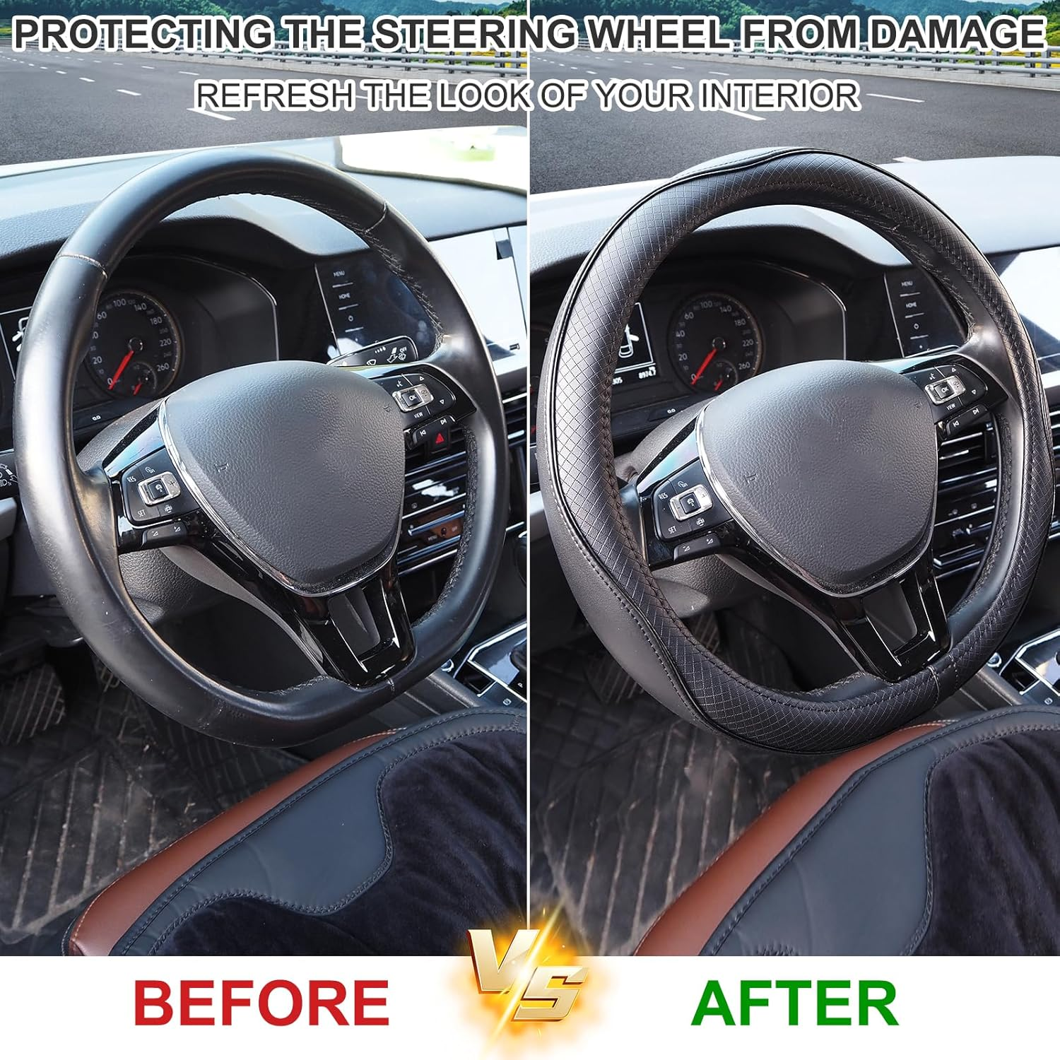 Nappa Leather Car Steering Wheel Cover, anti Slip, Thin, Breathable, Odor-Free, Universal 14.5-15 Inches Fit, Car Steering Wheel Cover Full Surround Aeecssories (Black-Nappa Leather) image number 2