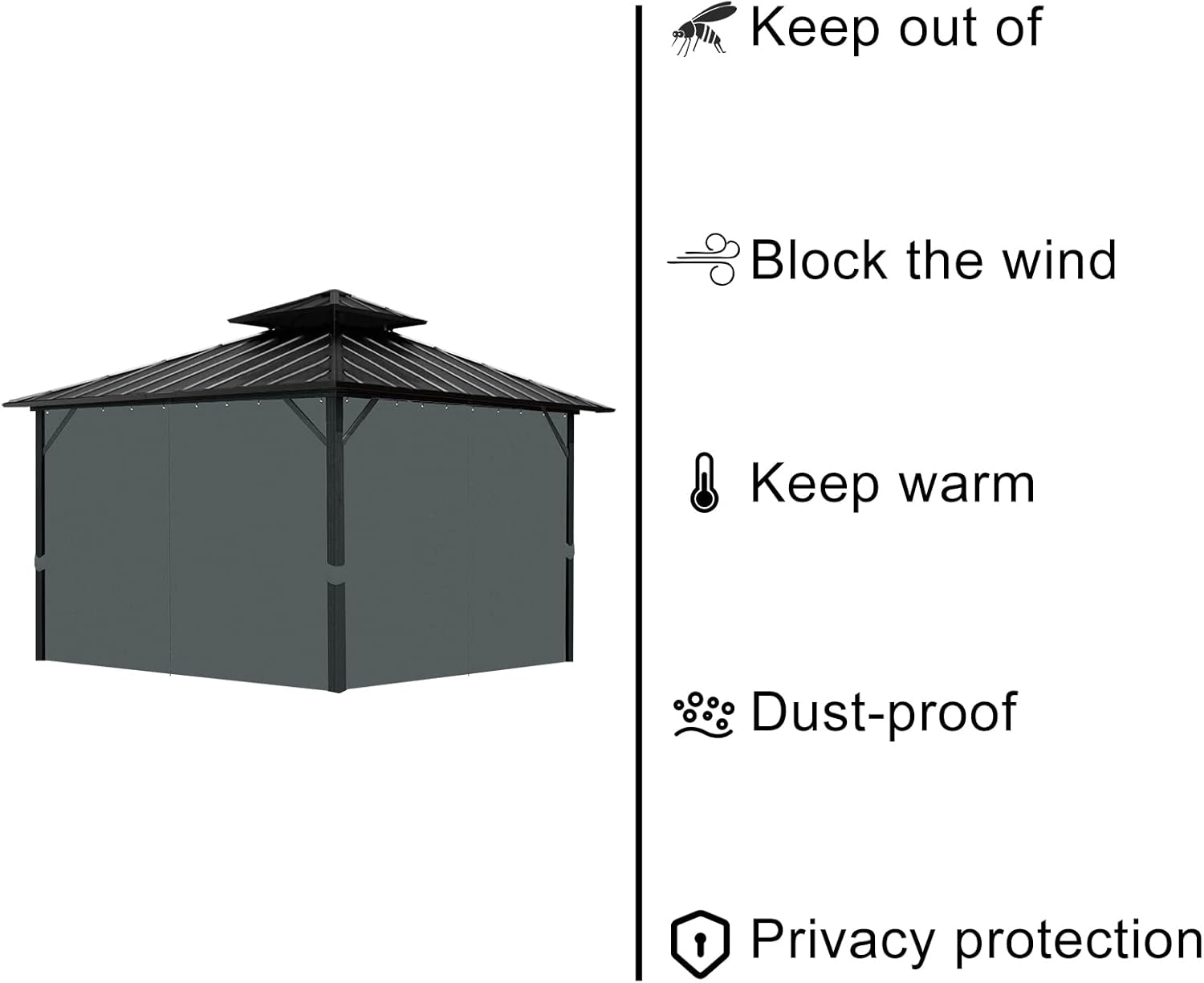 Gazebo Universal Replacement Privacy Curtain, 10'X12' Gazebo Curtains Outdoor Waterproof, 4-Panels Sidewall Curtains with Zipper for Patio, Garden and Backyard (Only Curtains, 10'X12', Grey) image number 4