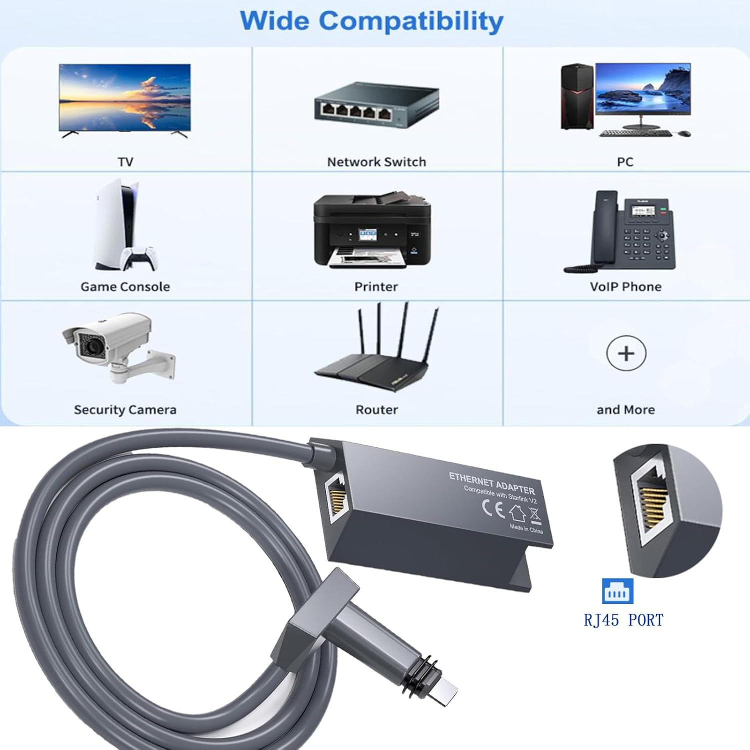 Ethernet Adapter for Starlink Rectangle Dish Satellite Internet V2, Starlink to RJ45 Gigabit Ethernet Adapter Fast & Stable Network Connection for Starlink Actuated Gen 2
