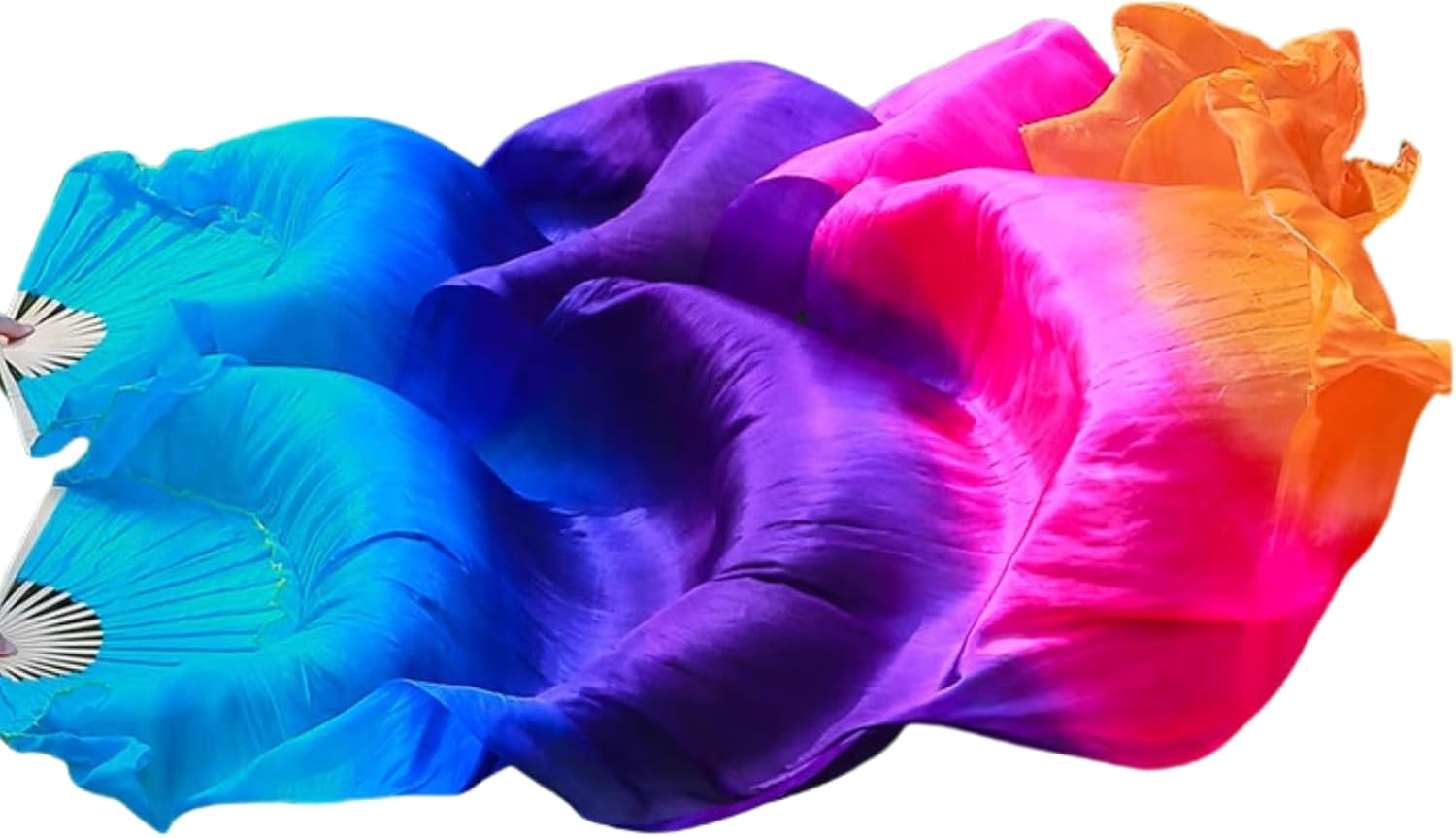 Belly Dance Faux Silk Veil Fans, 1 Pair (Left+Right) Faux Silk Bamboo Long Fans Veils, Handmade Belly Dance Dancing Silk Fans, Dance Performance