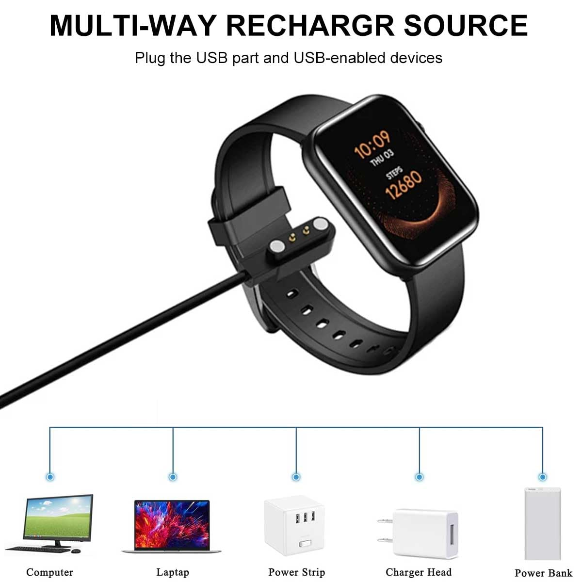 T Tersely 2 Pin 1M/3.3FT Magnetic Smart Watch Charger for YAMAY Sw023/Letsfit Id205/Wiliful Sw021/Vigorun ID216, USB Cable Replacement Charging for Umidigi Uwatch 2/2S/3/3S/Urun/S/Ufit image number 2