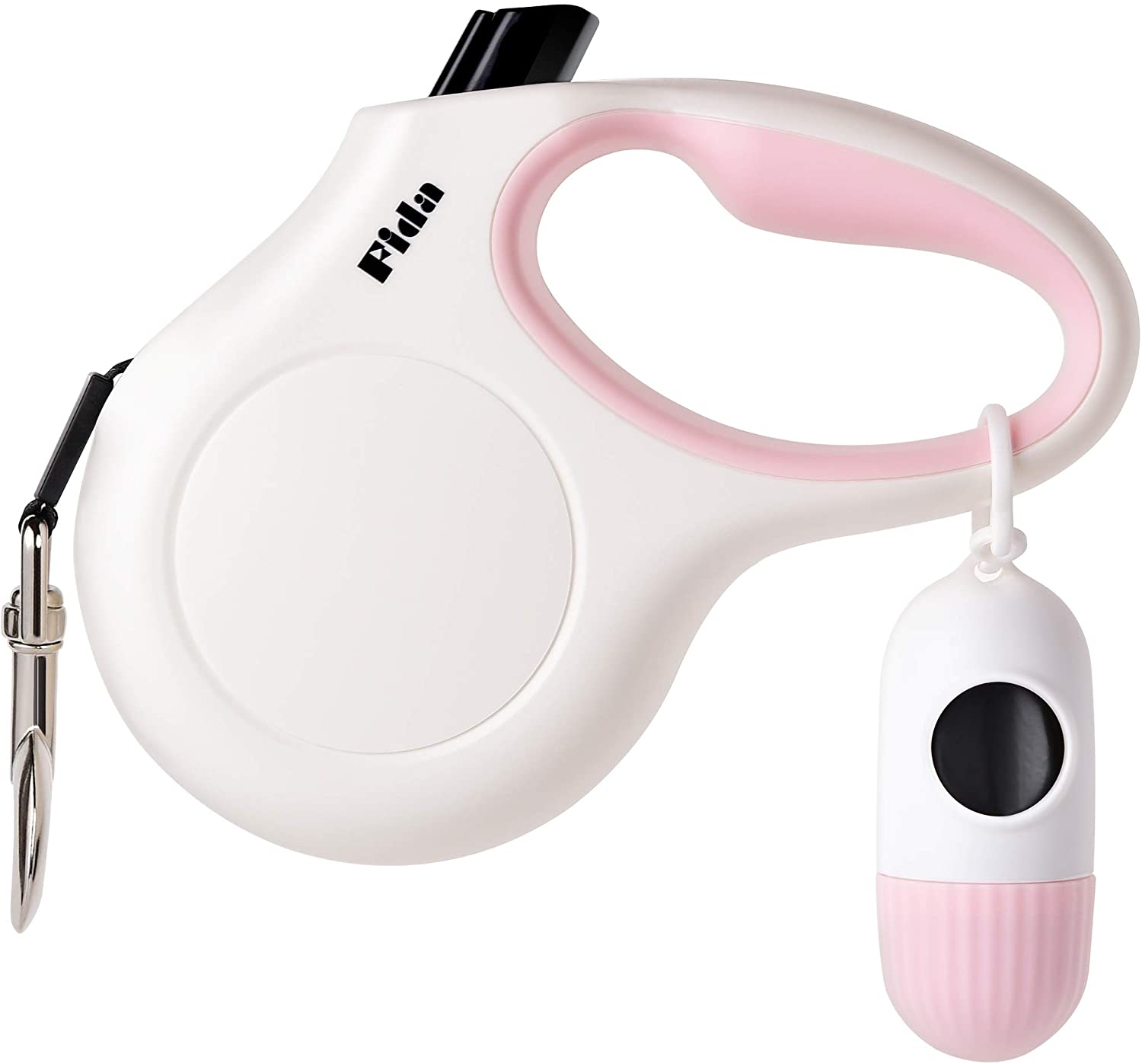 Fida Retractable Dog Leash for Small Breed up to 26 Lbs, 16 Ft Pet Walking Leash with Dispenser and Poop Bags, Anti-Slip Handle, Reflective Strong Nylon Tape, One-Handed Brake (S, White & Pink) image number 2