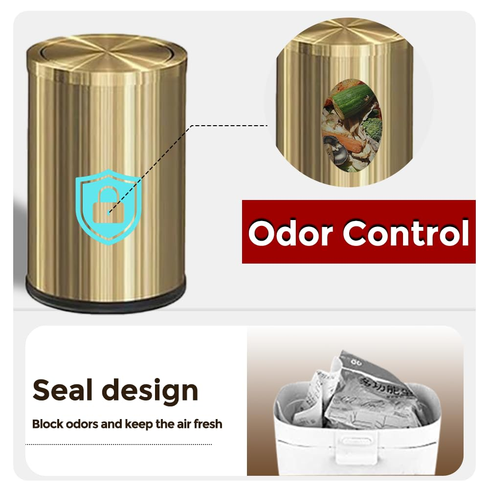 LEASYLIFE Antique Gold Trash Can with Lid - 2.4 Gallon Small Bathroom Garbage Can, Flipping Lid for Bathroom, Laundry, Hotel, Office - Metallic Gold (Single) image number 6