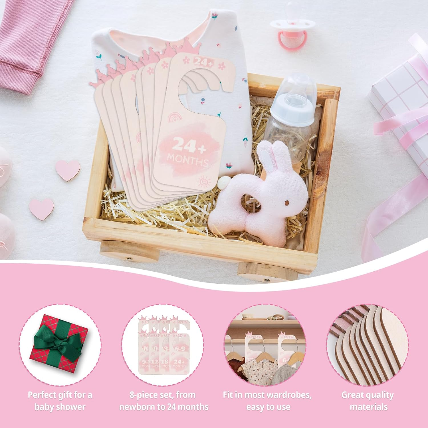 8Pcs Baby Closet Dividers, Basswood Baby Wardrobe Organizer Double-Side Baby Hanger Dividers by Clothing Sizes Baby Nursery Hanger Dividers for New Mom Dad Parents (Crown) image number 1