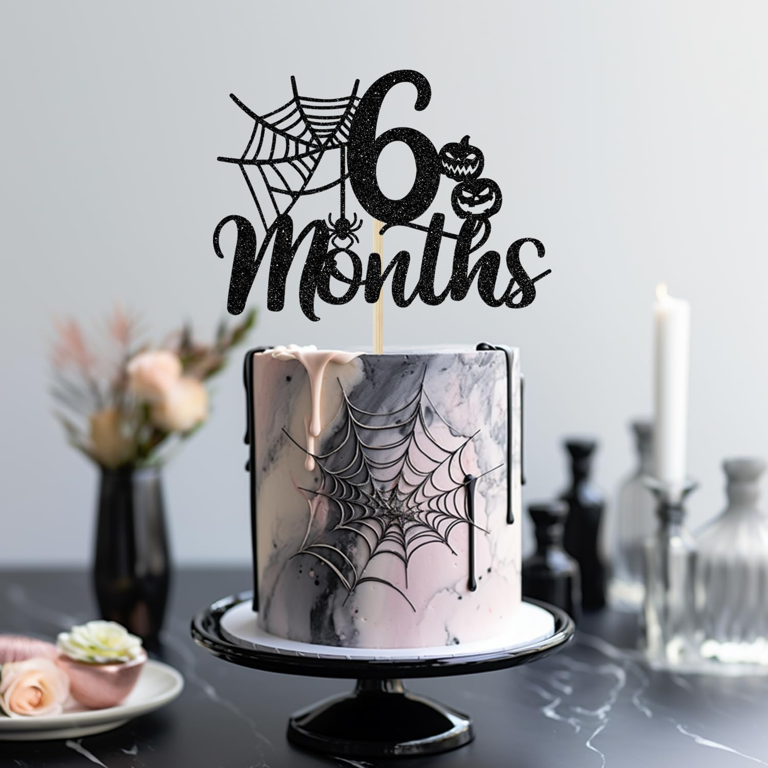 Halloween 6 Months Cake Topper, Halloween Half Birthday Cake Topper, Spider Web Half Birthday Decor, Halloween Themed Birthday Baby Shower Party Decorations, Black Glitter image number 2