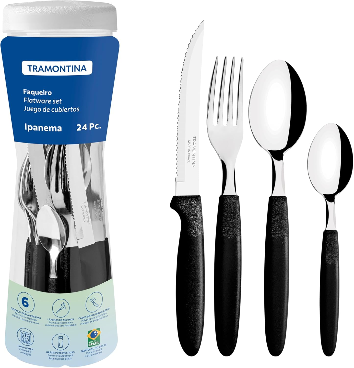 Tramontina Ipanema Stainless Steel Tableware 24-Pieces Set with Polypropylene Handles and Plastic Container, Black