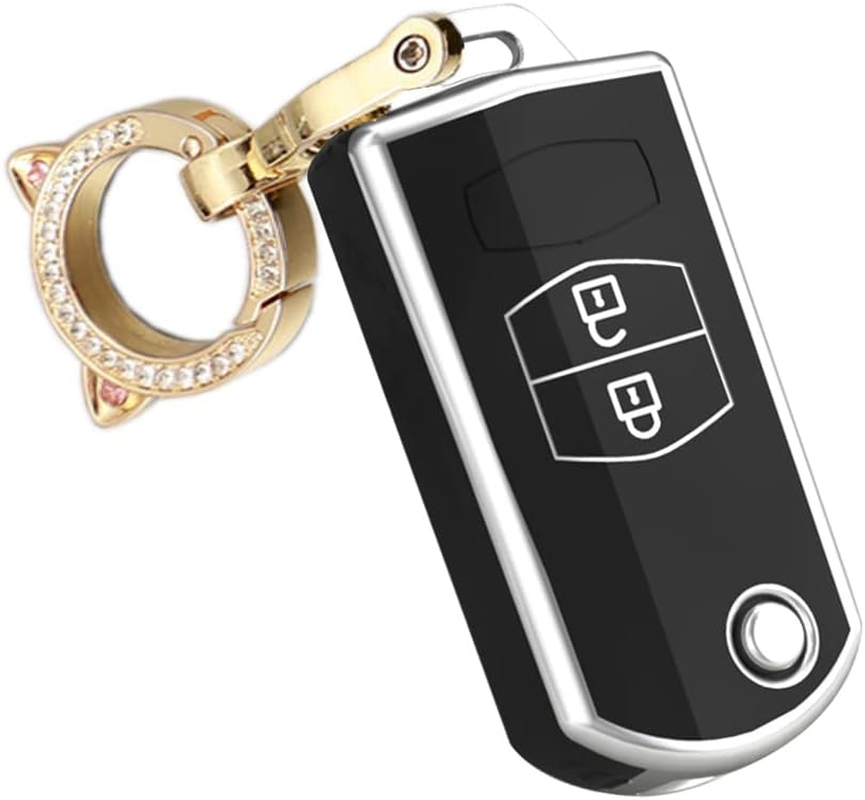 Ontto TPU Car Key Fob Cover Case Fit for Mazda 3 5 6 M6 RX8 MX5 CX5 Flip Folding Key Shell 2 Buttons Remote Key Holder Bag Keychain Keyring Accessories Black B