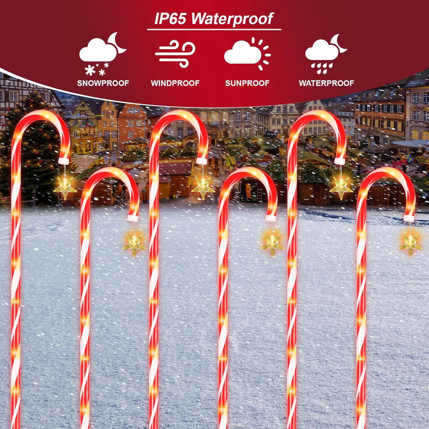 Ninonly 1.2M Solar Christmas Candy Cane Lights, 6 Pack Solar Christmas Lights Outdoor with 8 Modes, 78 Leds Waterproof Xmas Garden Light USB Charging for Yard Pathway Decorations image number 2