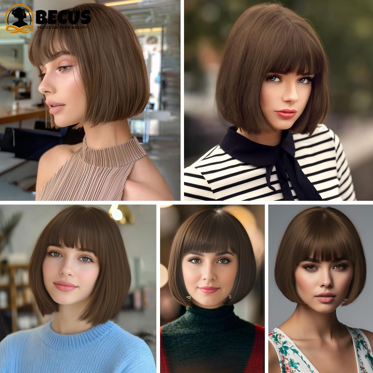 BECUS Short Brown Bob Wig with Bangs,Brown Straight Bob Wigs for Women,Brown Bob Wig Heat Resistant Fiber for Cospaly - Pink image number 5