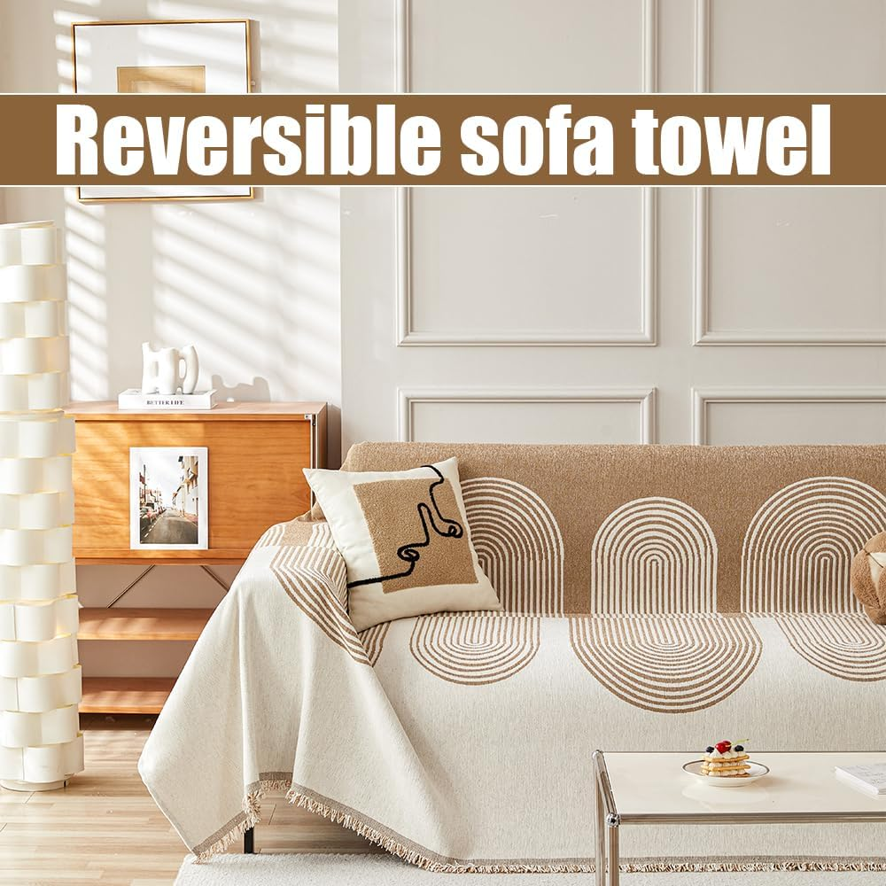 Chenille Sofa Cover, Easy-To-Wash Boho Couch Cover Blanket, Durable and Soft Sofa Protective Cover with Geometric Pattern, Multi-Use for Camping, Pet Mats, and Home Decor, 180X180 Cm (Beige)