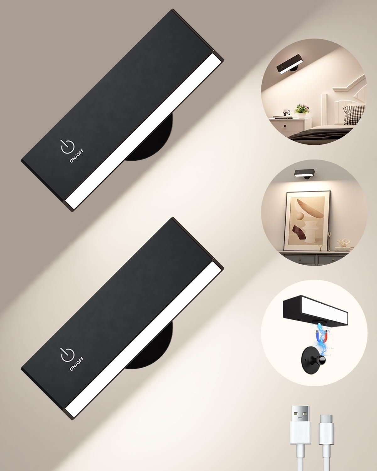 Detarzinled 2Pcs Rechargeable Wall Lights for Bedroom, Wireless Battery Operated Wall Sconces Set of 2, White 360&deg; Rotate Magnetic Wall Mounted Lamp for Bedside, Picture, Vanity