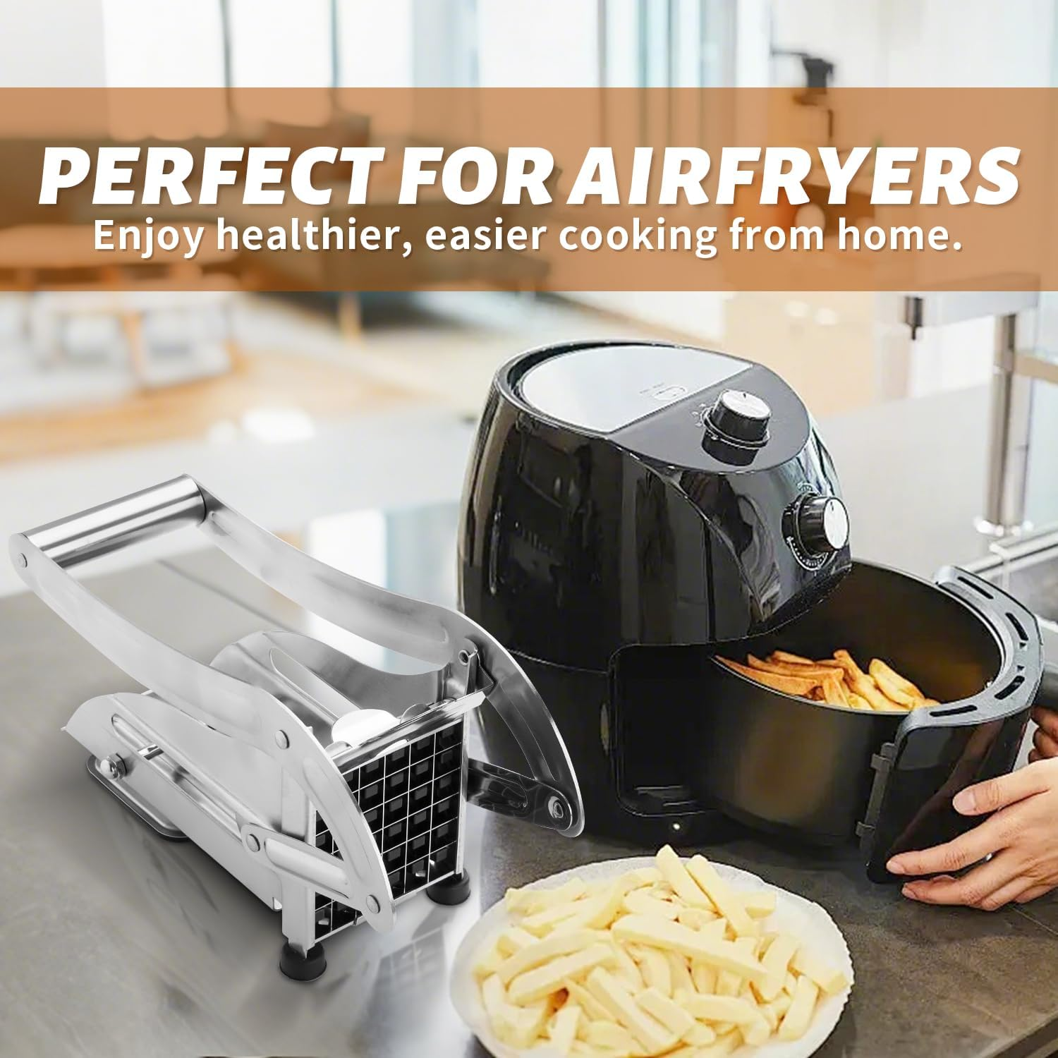 Commercial Grade French Fry Cutter,French Fry Cutter with 2 Blades,Stainless Steel Vegetable and Potato Slicer,Heavy Duty Potato Slicer,Non-Slip Suction Base,Perfectly Cut Potatoes (Silver) image number 5