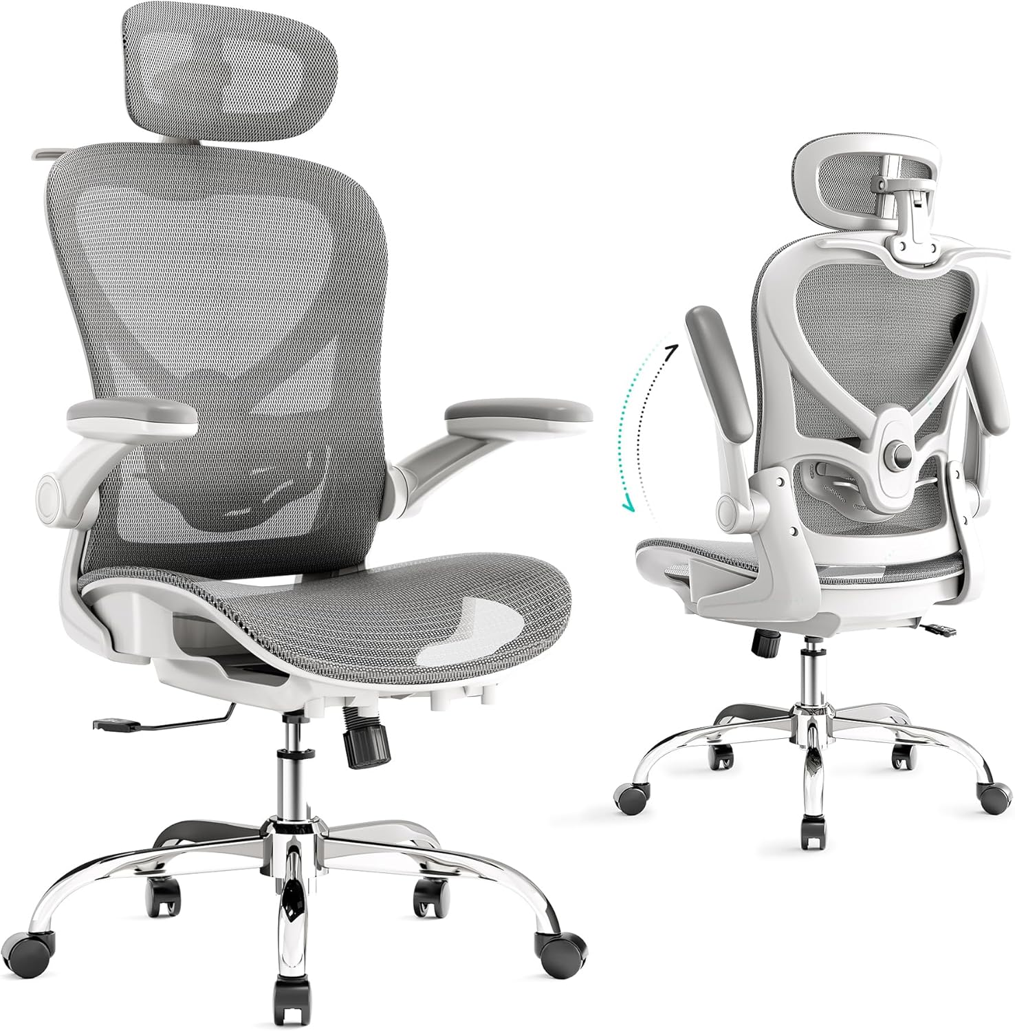 Ergonomic Chair with 3D Headrest, Office Chair with Coat Hanger, Gaming Chair with 2D Lumbar Support & Flip up Arms, Computer Chair Mesh Cushion & Backrest for Office, Study & Meeting, Grey image number 5